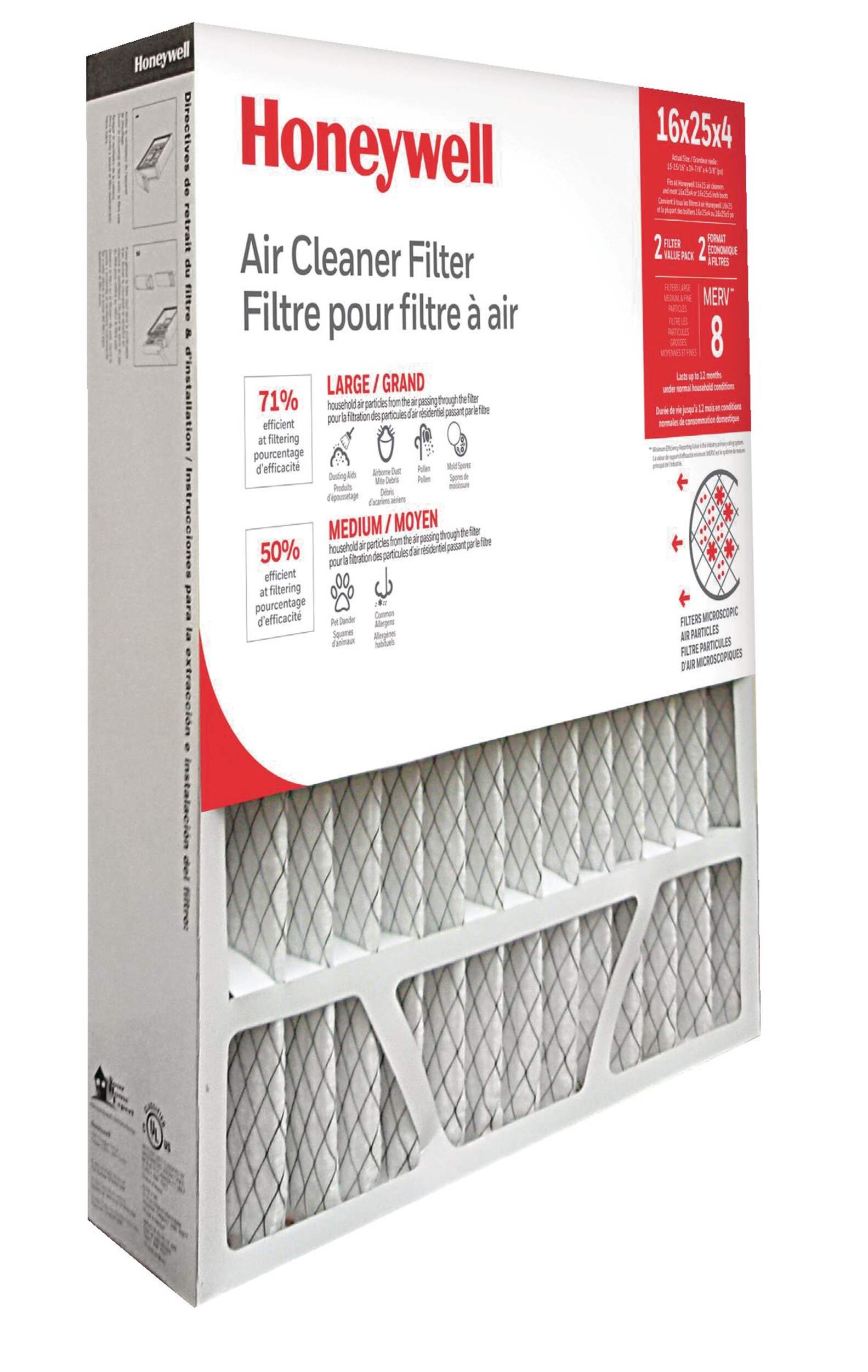 Honeywell MERV 8 Furnace Air Cleaner Filter, 16 x 25 x 4-in, 1-pk Front_Three_Fourths_Angled_Right