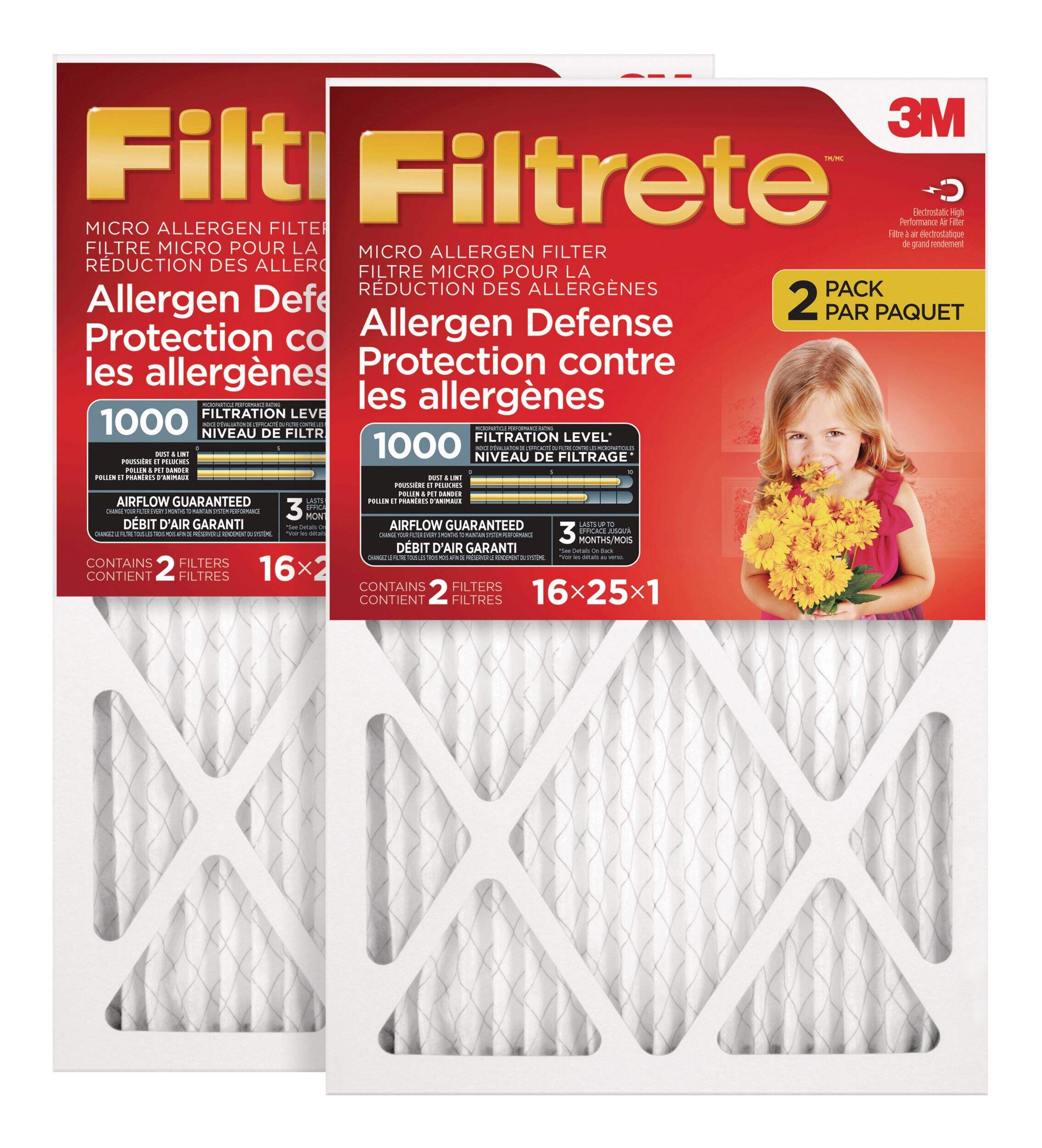 3M™ Filtrete™ Allergen Defense Micro Allergen Air Filters, MPR 1000, 16 x 25 x 1-in, 2-pk Front_Flat