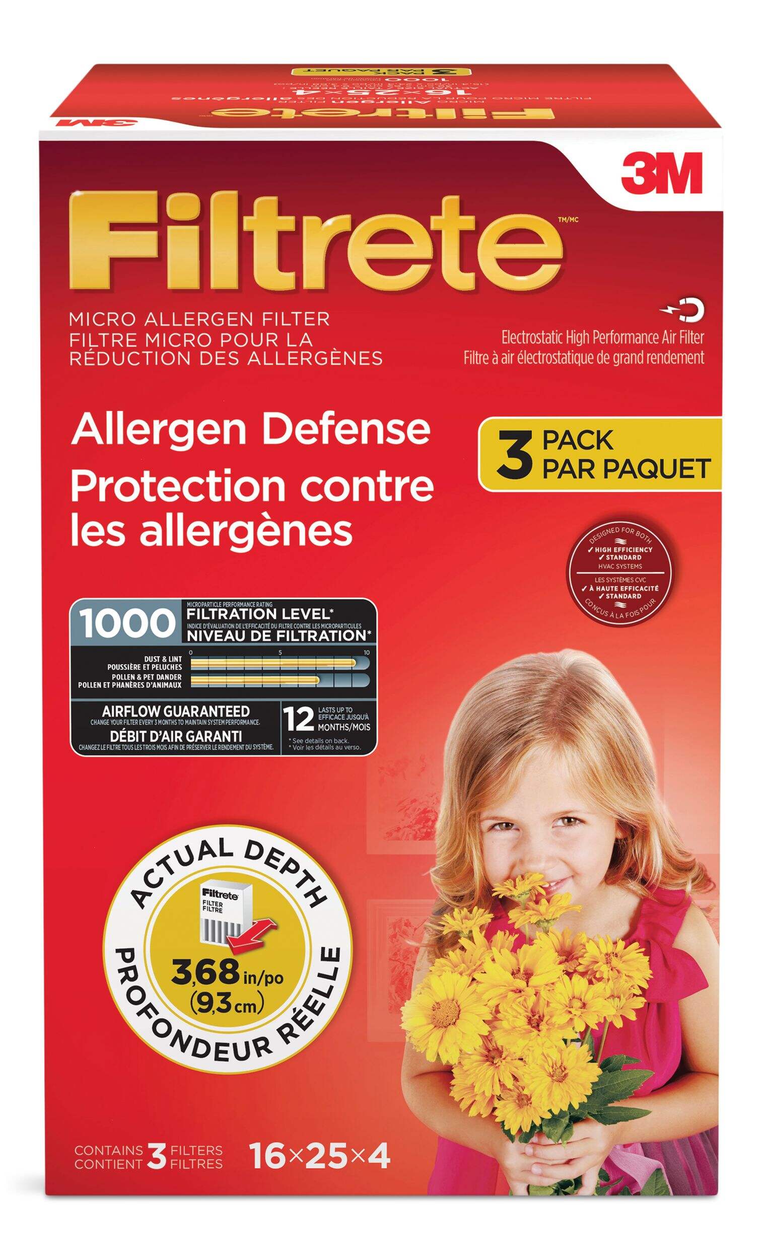 Filtrete™ 3M Allergen Defense Micro Allergen Deep Pleat Filter, 16 x 25 x 4-in, 3-pk Front_Flat