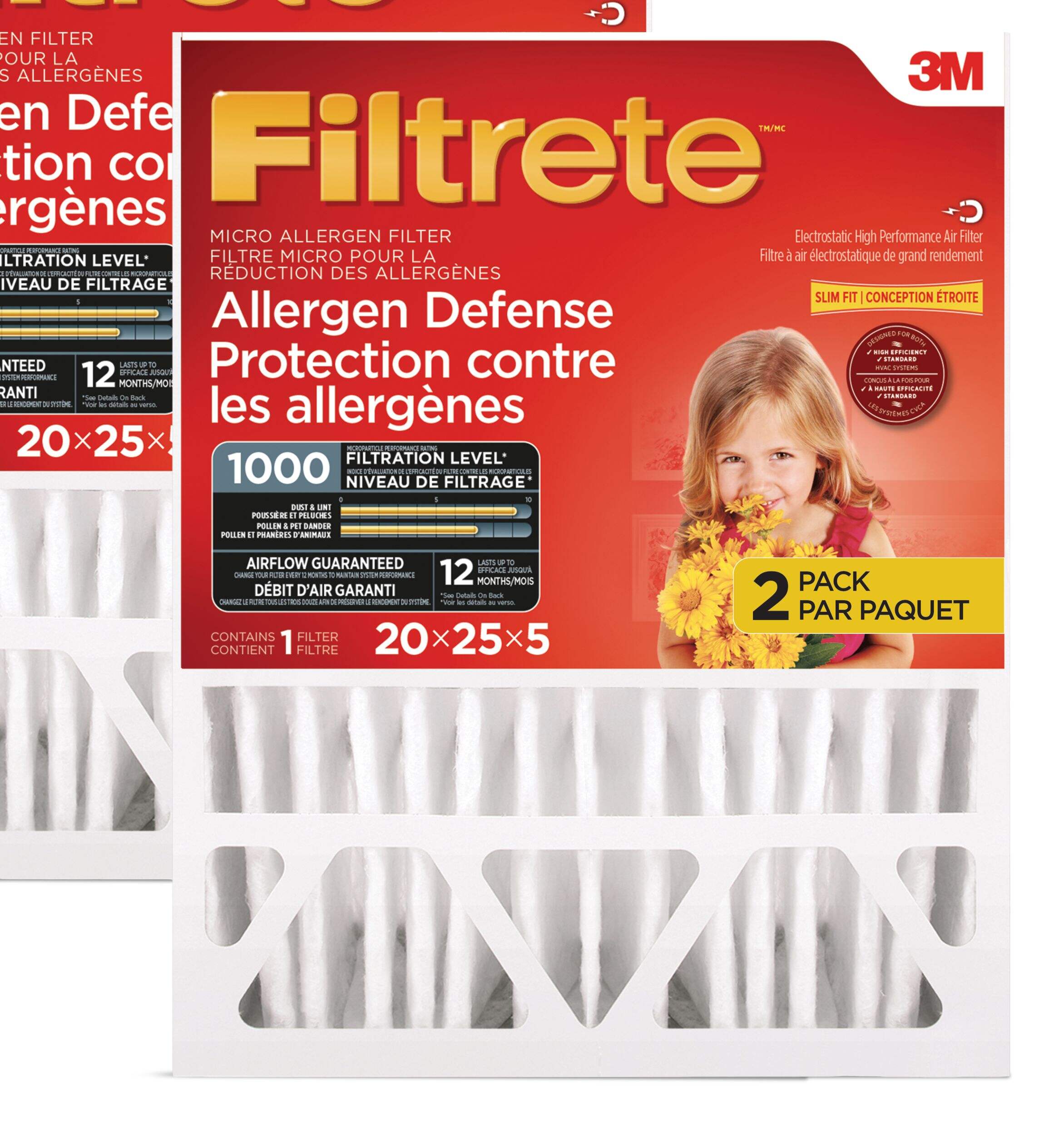 Filtre micro pour réduction des allergènes 3M Filtrete, MPR 1000, 20 x 25 x 5 po, paq. 2 Front_Flat