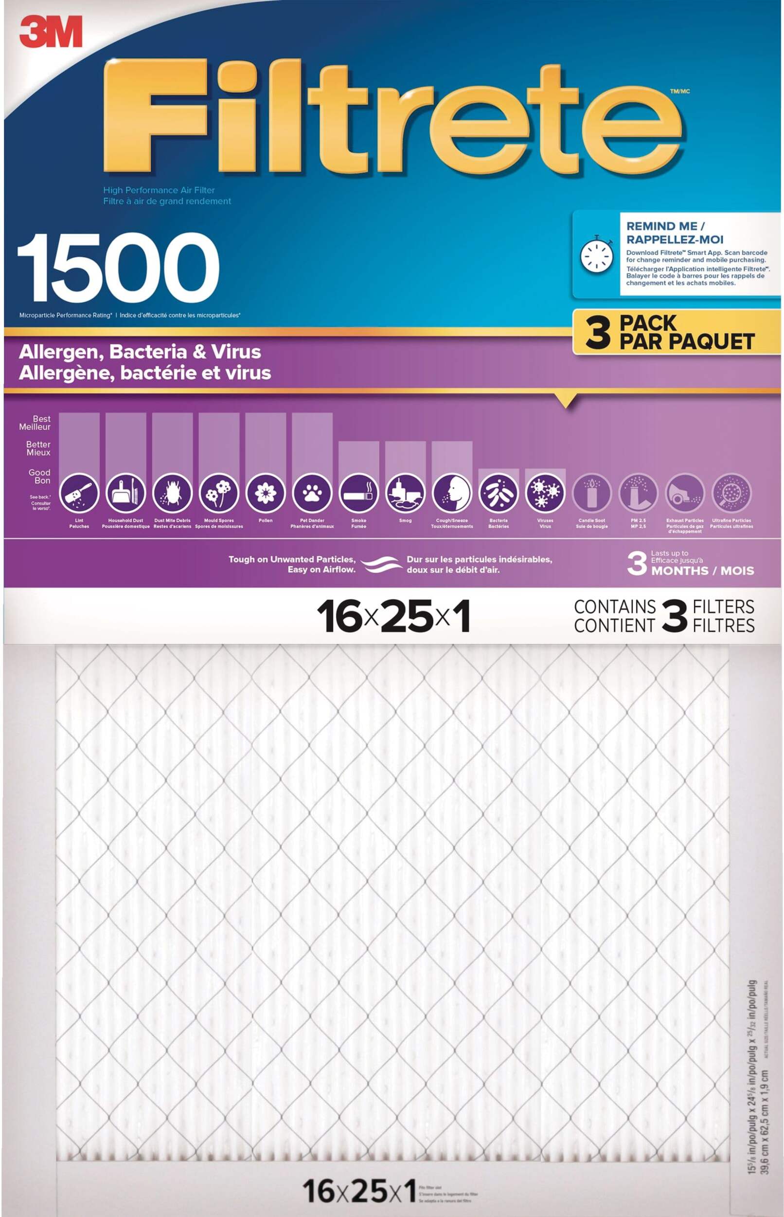 Filtrete™ Healthy Living Ultra Allergen Filter, MPR 1500, 16 x 25 x 1-in, 3-pk Front_Flat