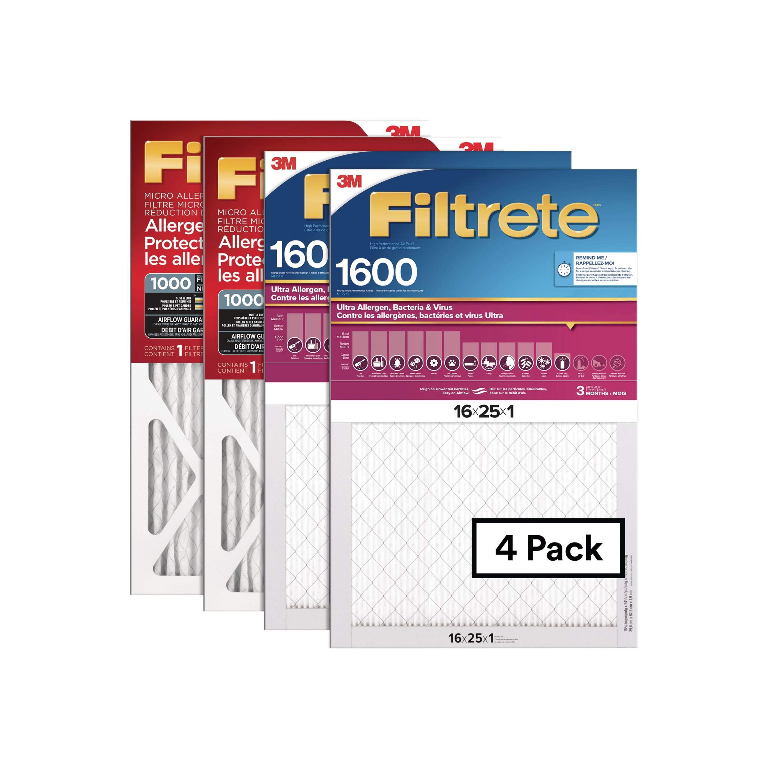 Filtrete 3M 1000/1600 MPR Filter, 16 x 25 x 1-in, 4-pk Front_Flat