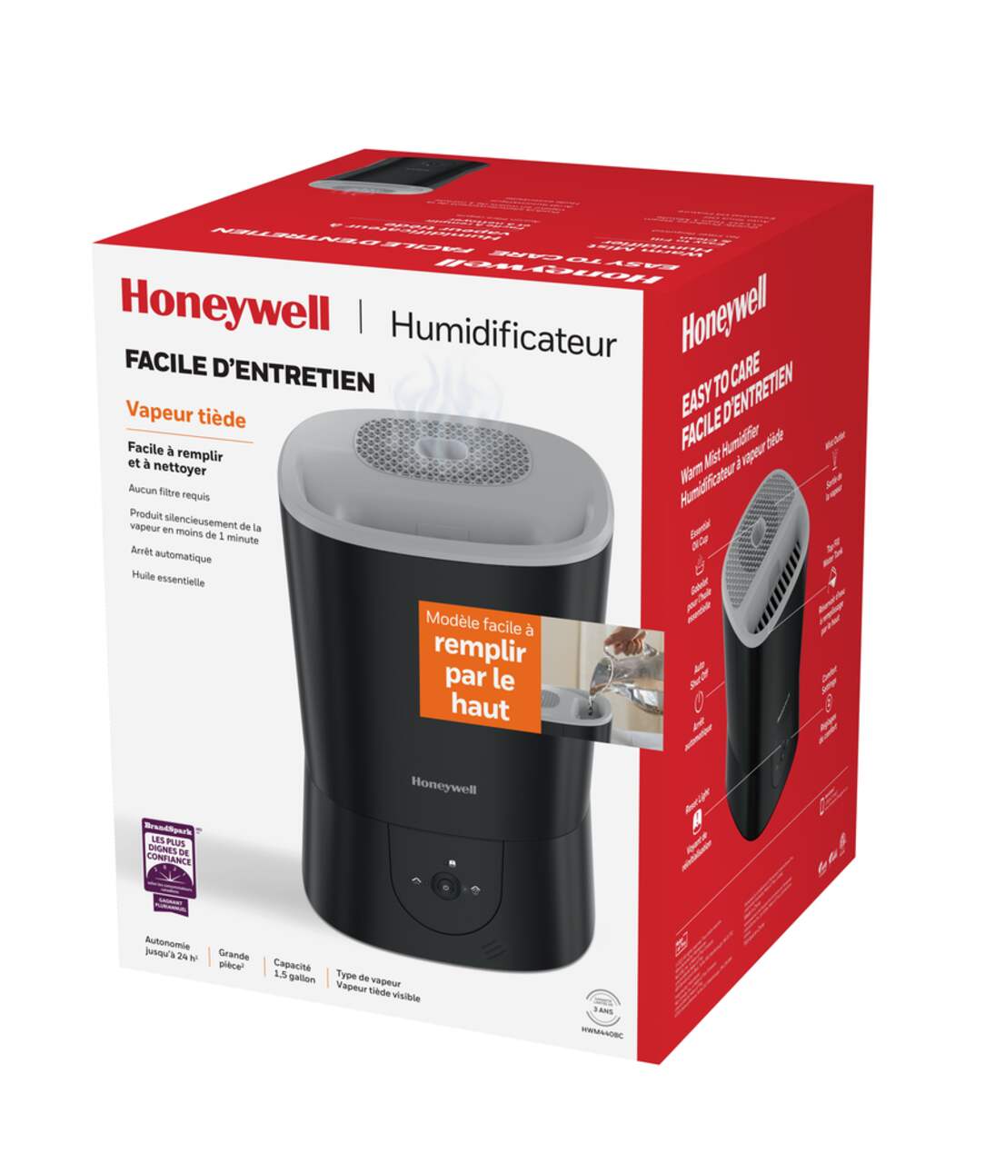 Humidificateur d'air à brume tiède à remplissage par le haut facile  d'entretien Honeywell HWM440BC avec tasse d'huile essentielle et arrêt