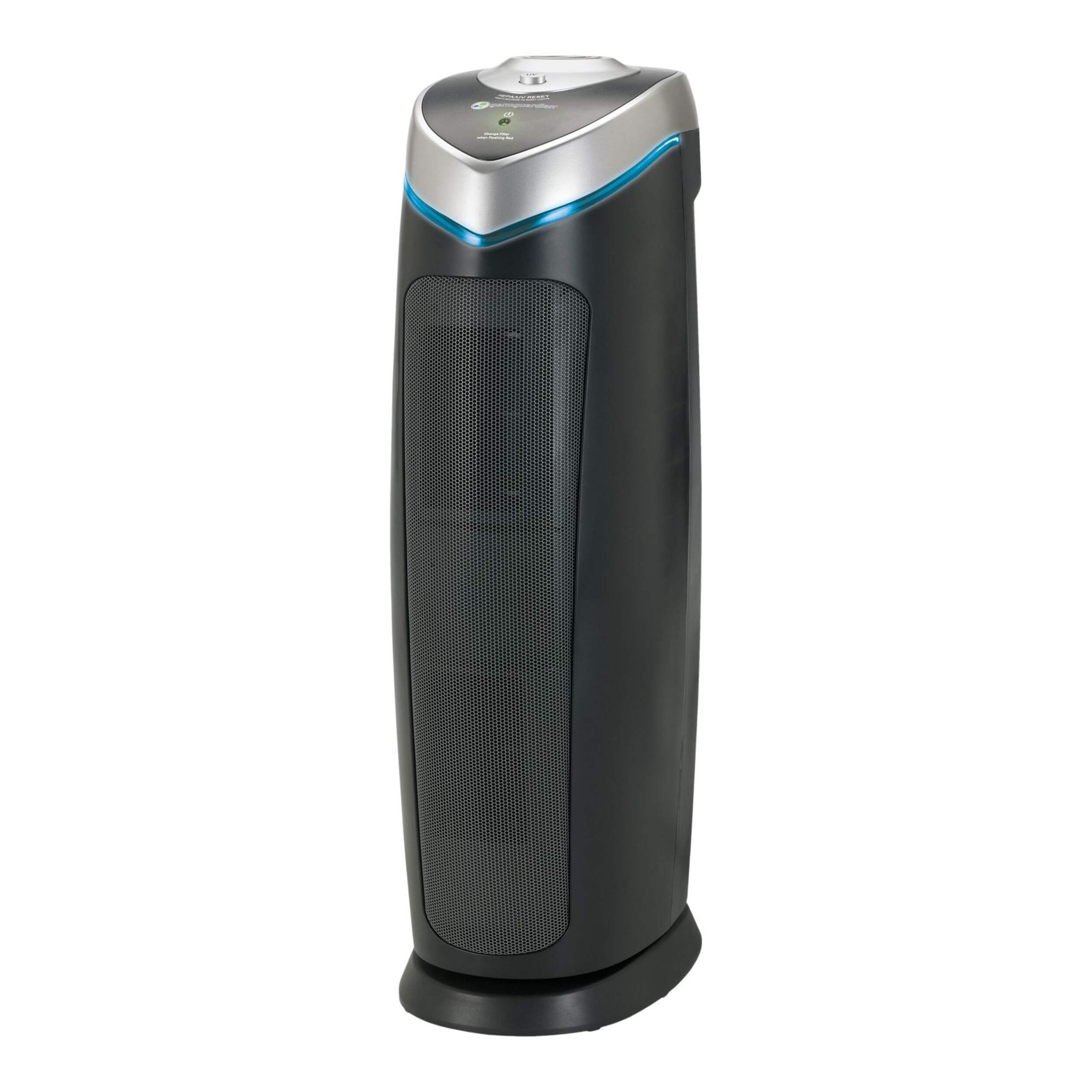 GermGuardian AC4825DLX 4-in-1 HEPA Filter & UVC Tower Air Purifier, Removes Allergens & Odours, Black, Small-Medium Room Front_Three_Fourths_Angled_Left
