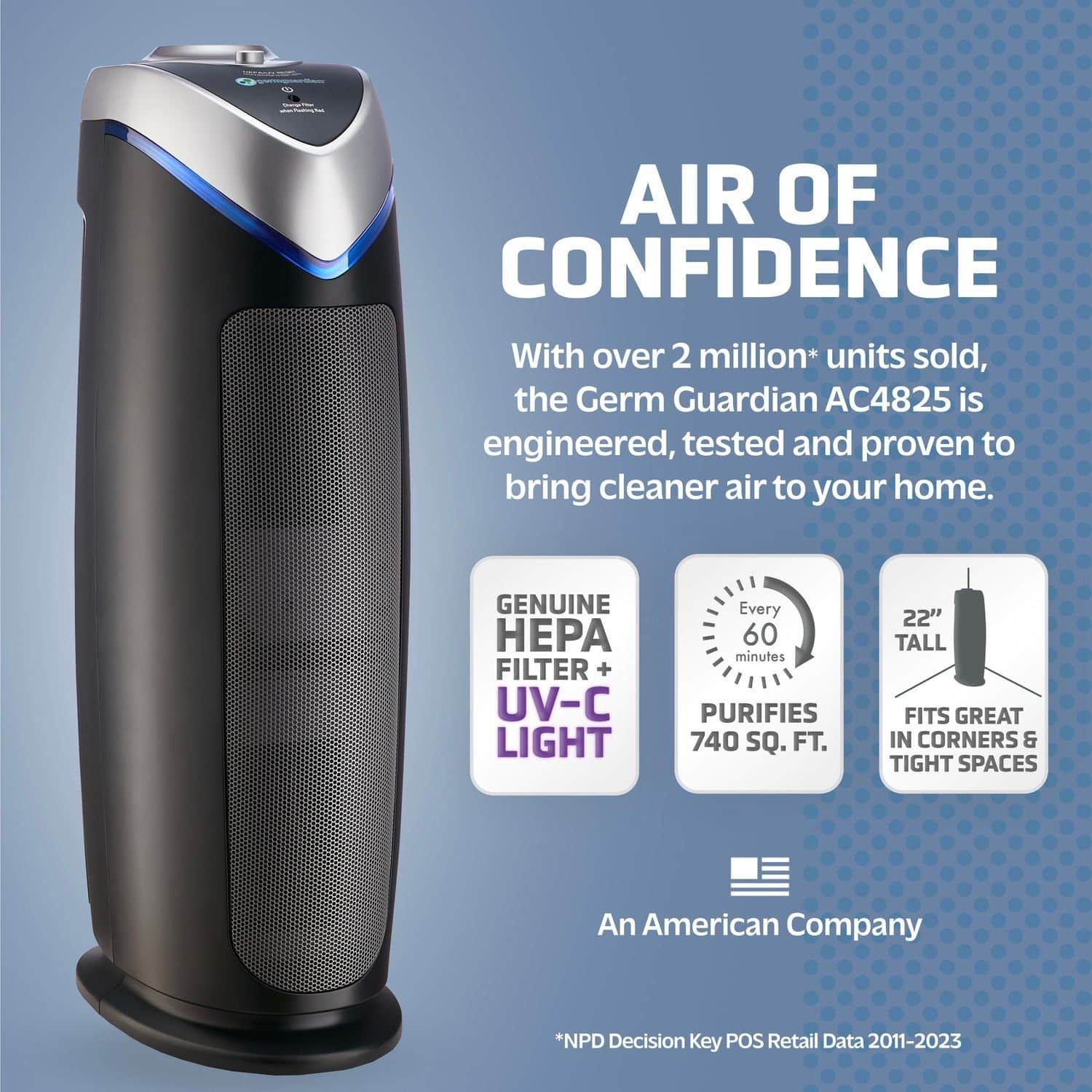 GermGuardian AC4825DLX 4 in 1 HEPA Filter UVC Tower Air Purifier Removes Allergens Odours Black Small Medium Room Canadian Tire