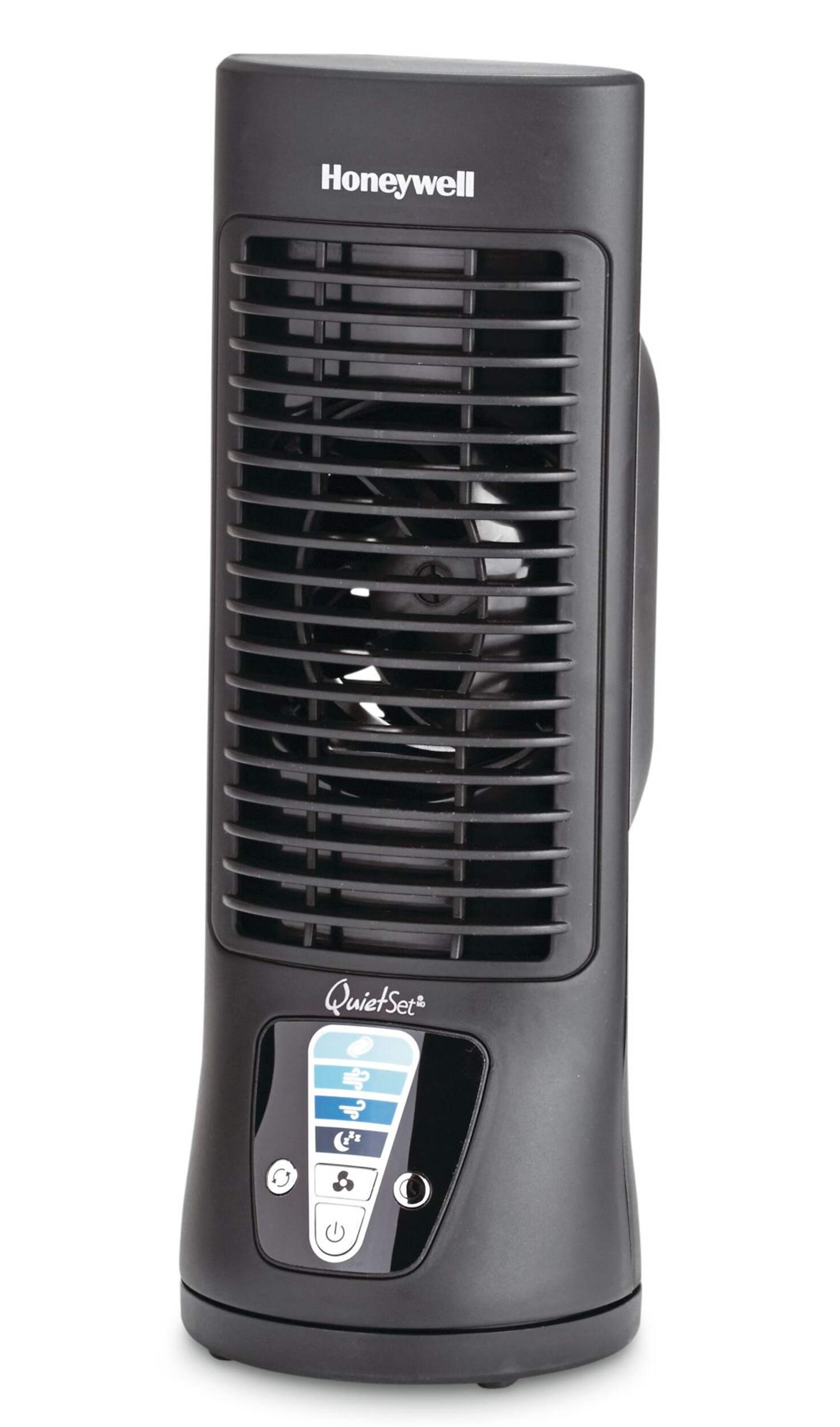 Honeywell QuietSet Mini Oscillating Tower Table/Desk Fan, 4-Speed, Black, 13-in Front_Angled_Left