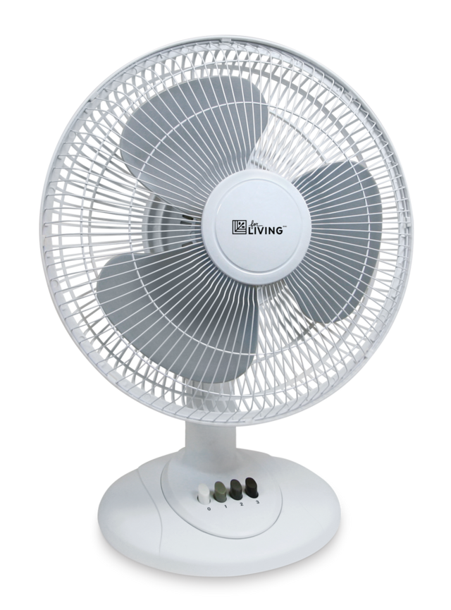 For Living TiltHead Oscillating Table/Desk Fan, 3Speed, White, 12in