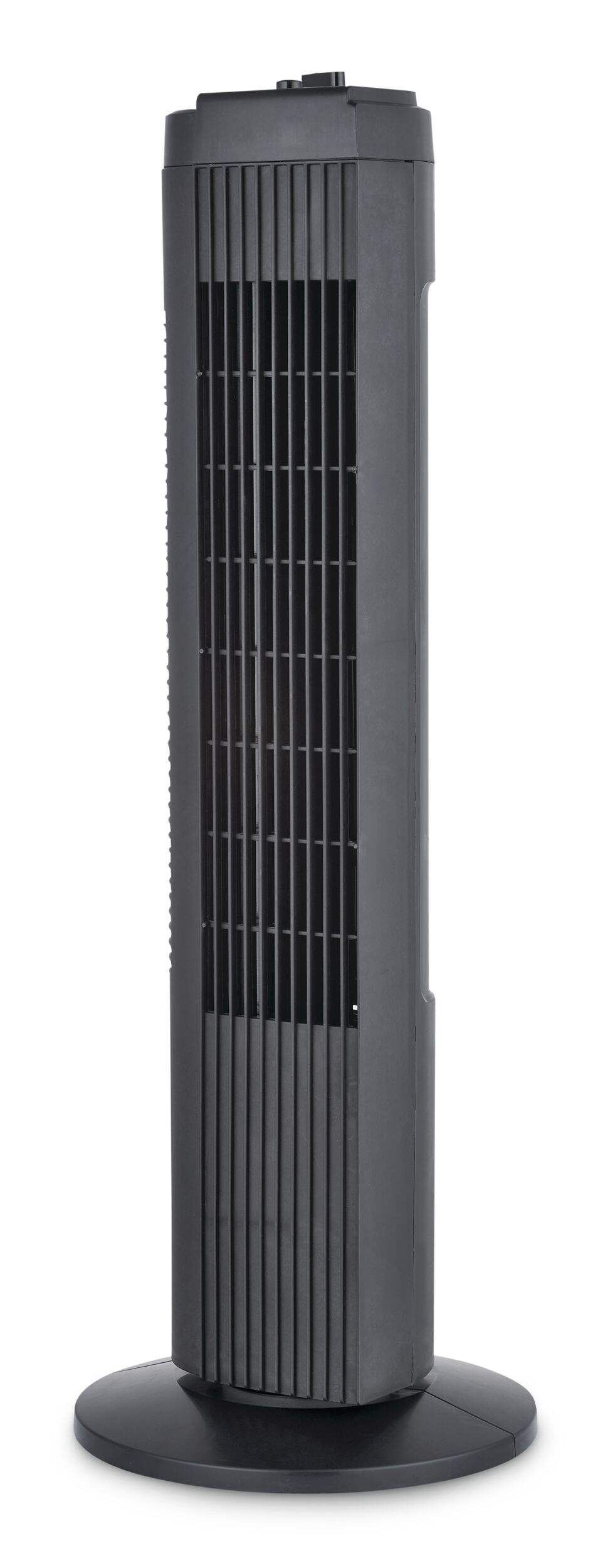 For Living Compact Oscillating Tower Fan, 3-Speed, Black, 28-in Front_Three_Fourths_Angled_Left