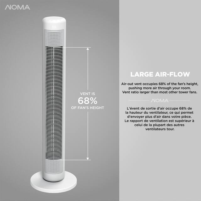 NOMA Premium Oscillating Tower Fan w/Remote Control, 5-Speed, White, 42 ...