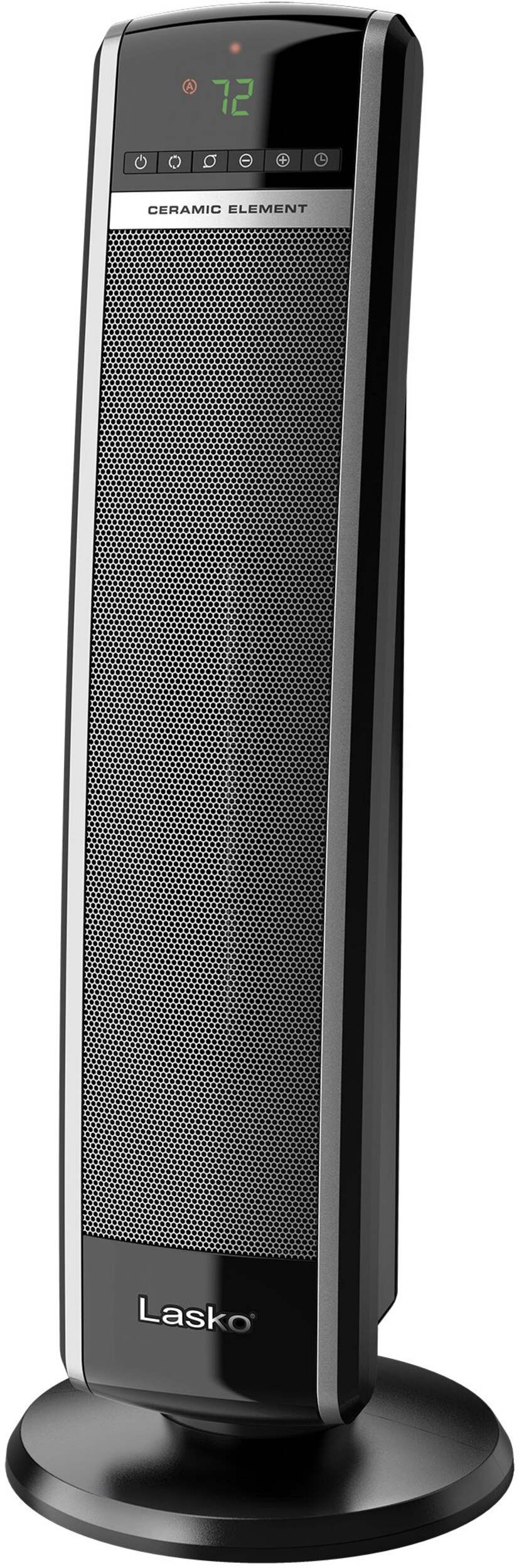 Lasko 1500W Digital Tower Ceramic Space Heater w/Remote Control, 1500W, Black, 30-in Front_Angled_Left