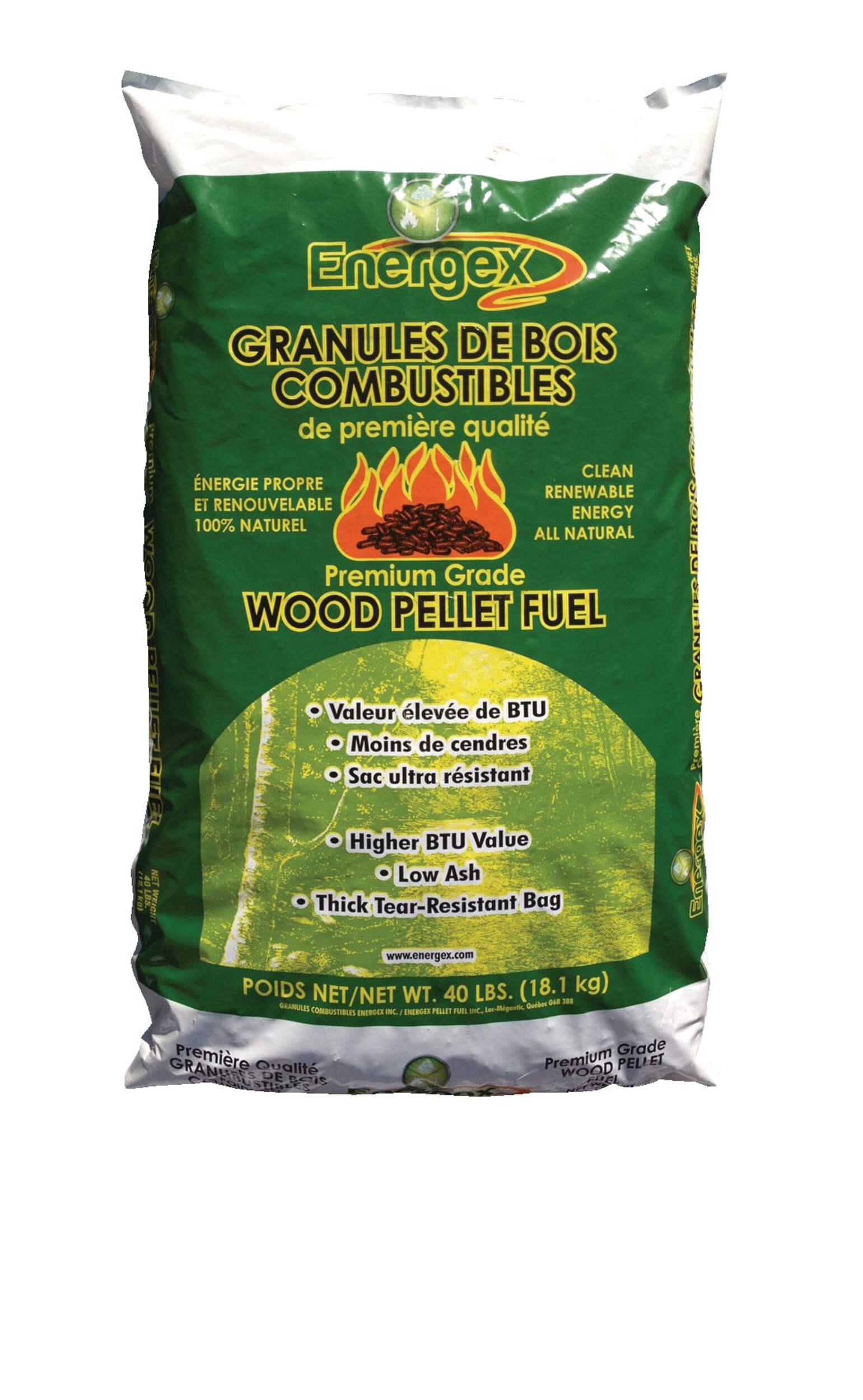 Energex Long Burning Premium Grade Hardwood/Softwood Blended Pellets, 8700 BTUs/lbs, 40lbs Front_Flat