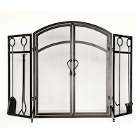 Panacea 3-Panel Classic Arched Top Steel Fireplace Screen w/Doors & Tools, Freestanding, Black Front_Flat