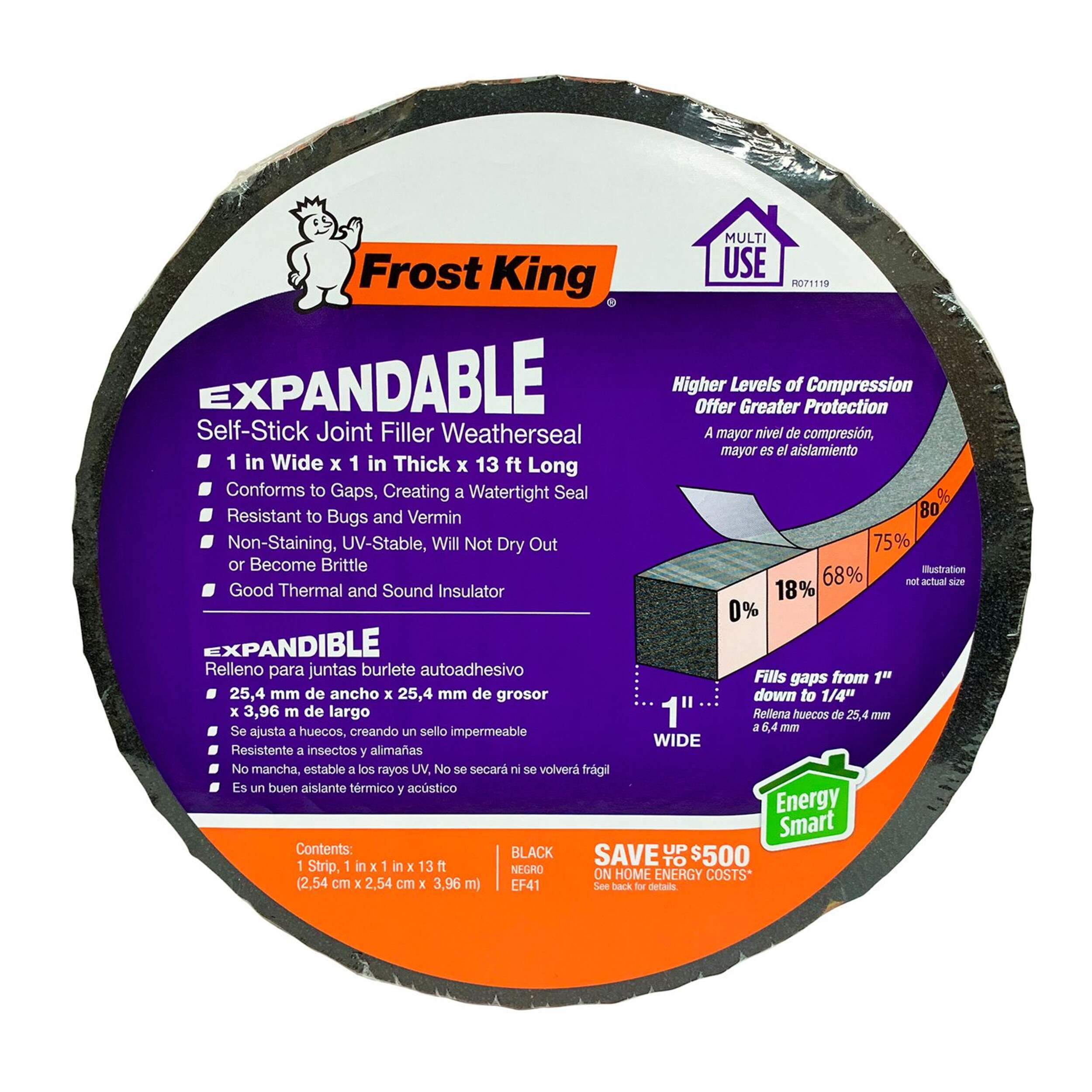 Frost King Expandable Self-Stick Joint Filler Weatherseal Strip, Energy Smart, 1-in x 1-in x 13-ft (2.54 x 2.54 x 3.96 m) , Black Front_Flat