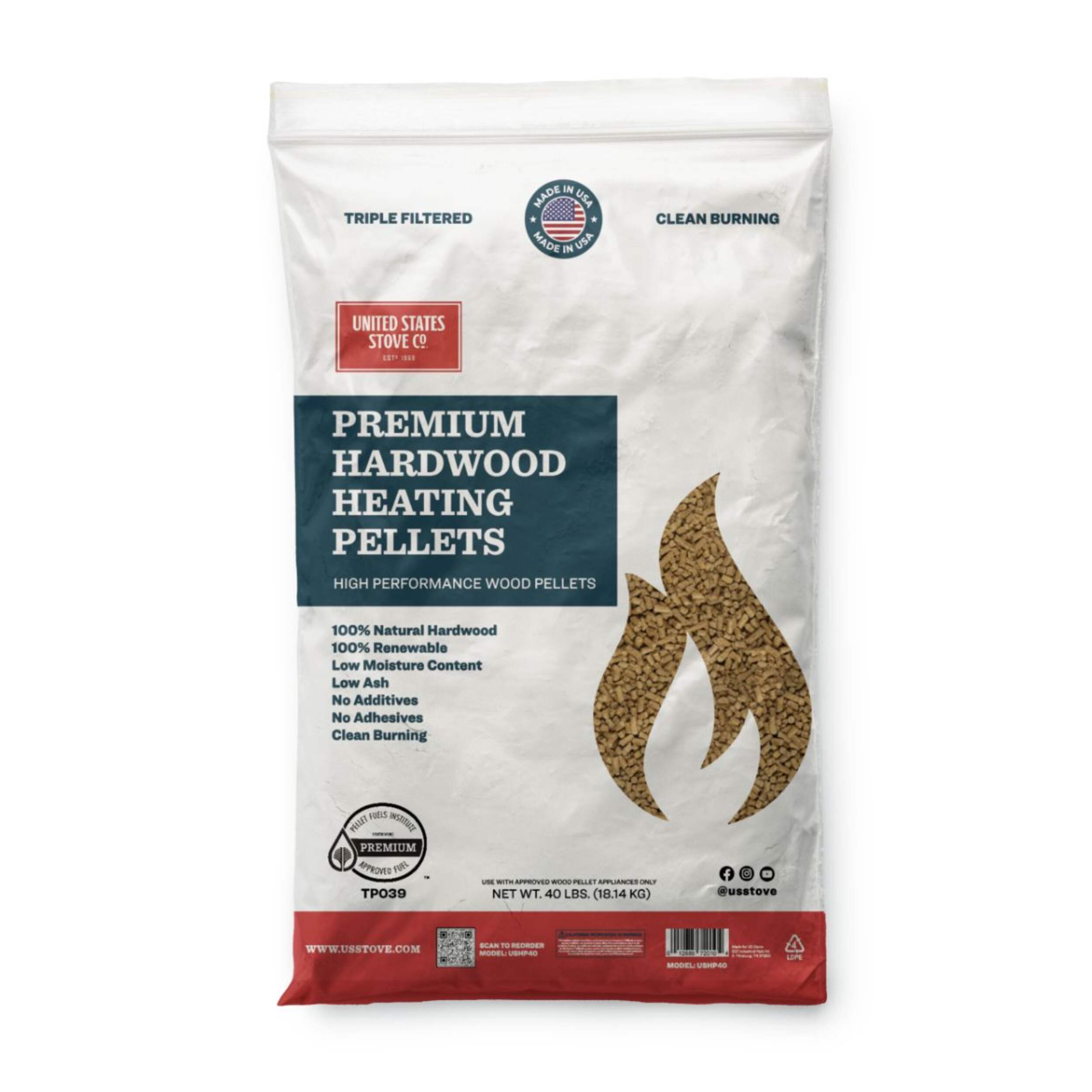 US Stove Company Premium Hardwood Heating Pellets, 18.1-kg Front_Flat