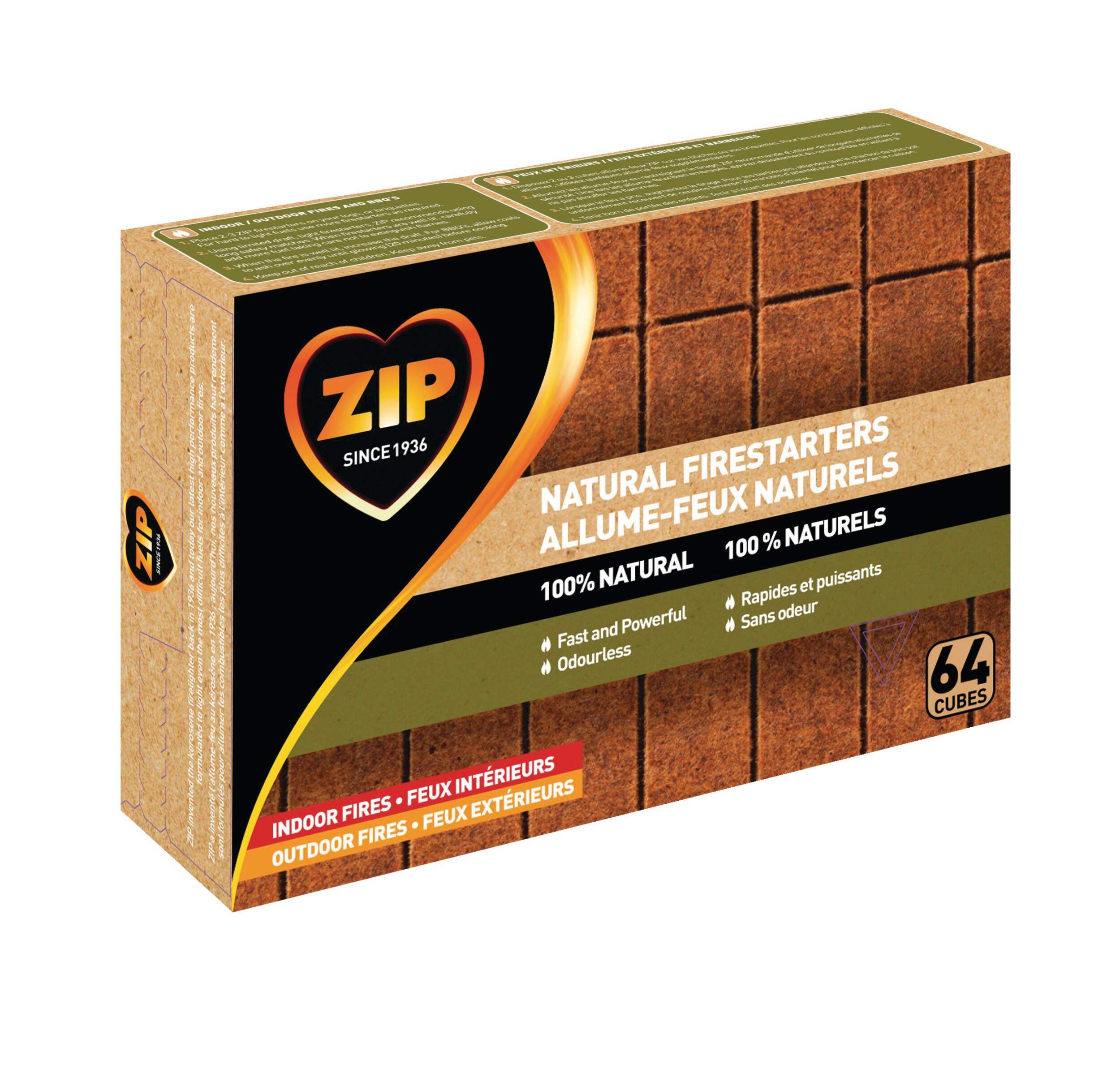 ZIP Indoor/Outdoor Natural Firestarters, 64-Cubes Front_Three_Fourths_Angled_Right