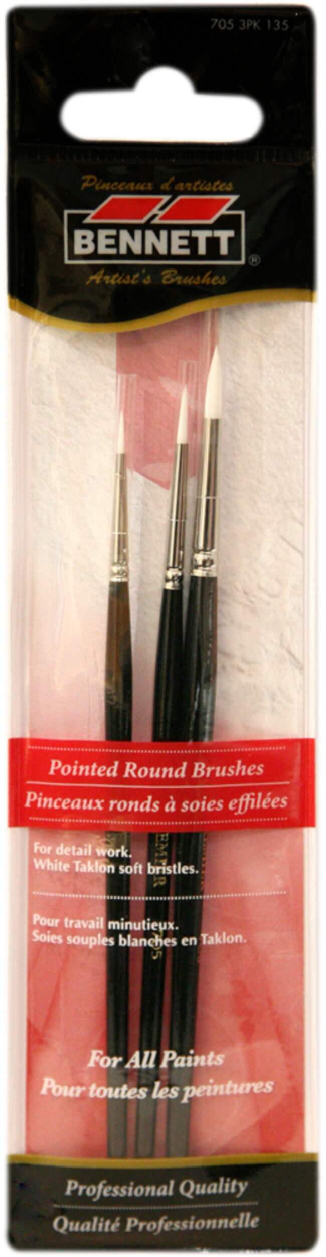 Bennett Professional Artist Pointed Round Tip Paint Brushes, 3-pk Front_Flat