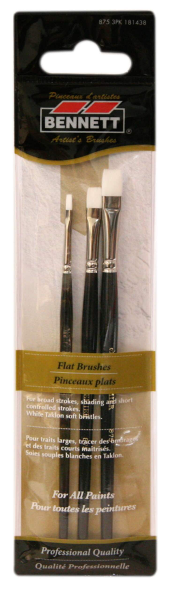 Pinceaux plats pour artistes professionnels Bennett, paq. 3 Front_Flat