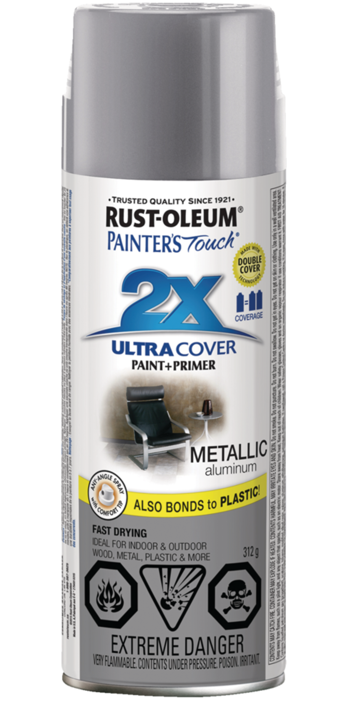 Rust-Oleum® Painter's Touch 2X Ultra Cover Multi-Purpose Aerosol Spray Paint & Primer, Metallic Aluminum, 340-g Front_Flat
