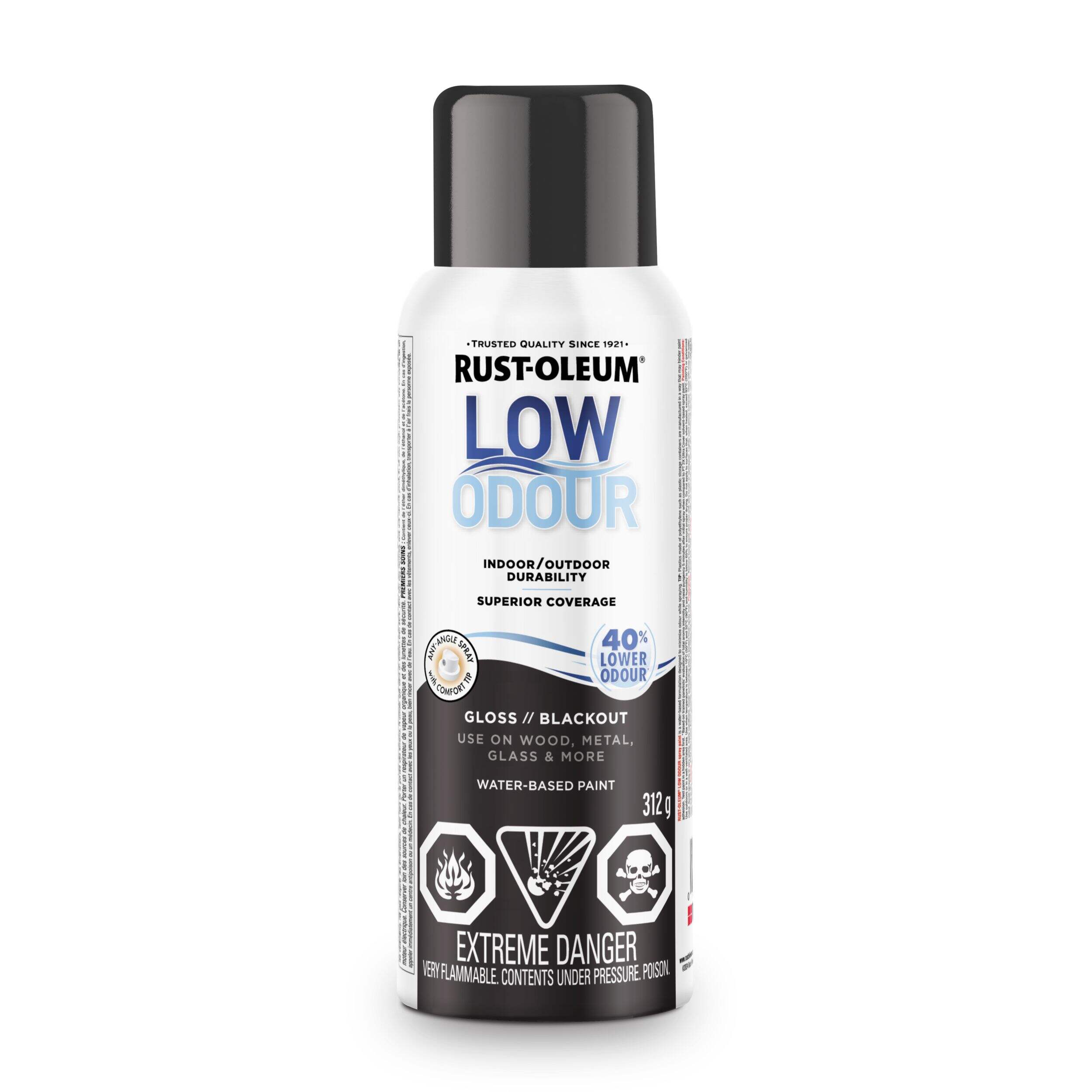 Rust-Oleum Low Odour Water-Based Paint Spray Aerosol, Gloss, Blackout, 312-g Front_Flat