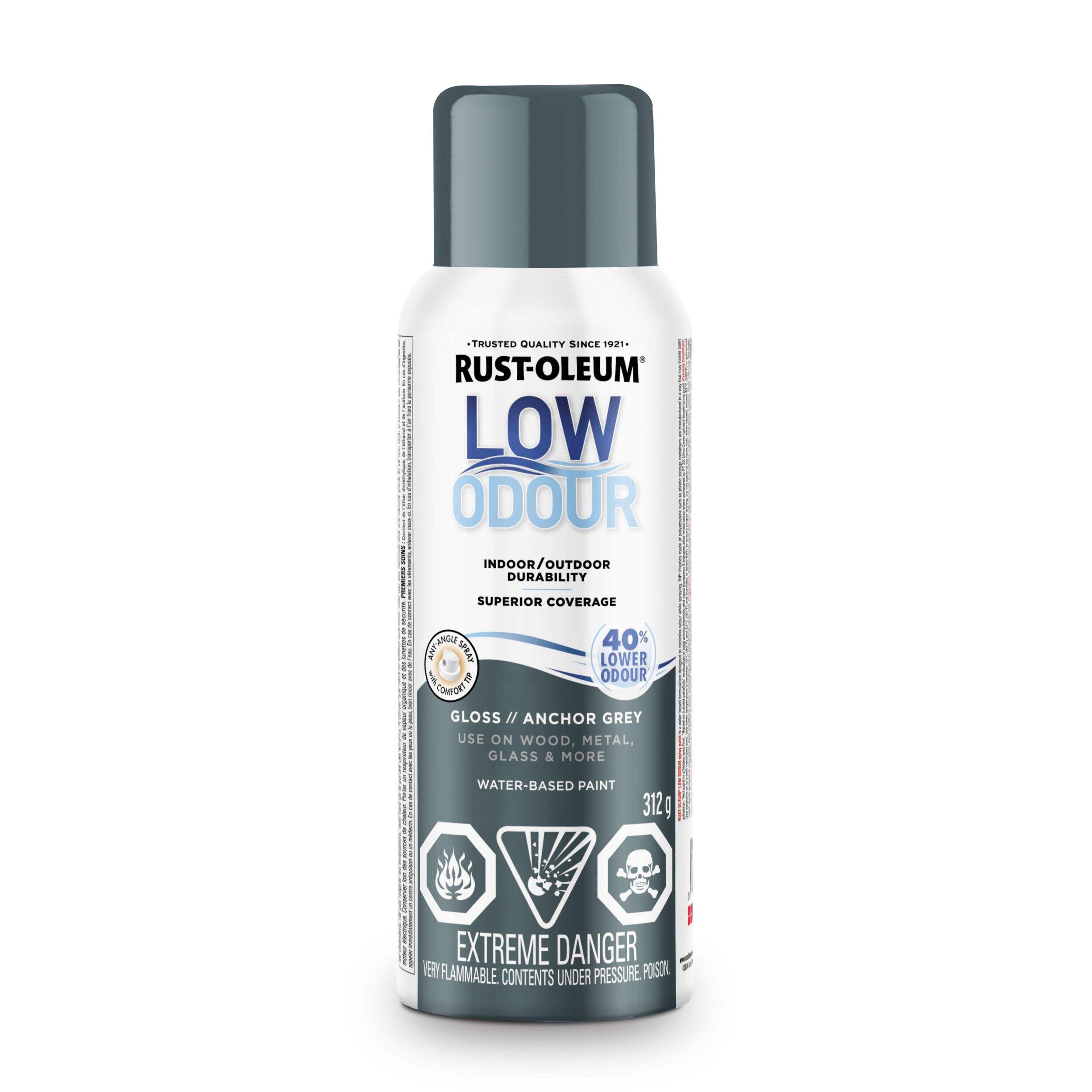 Rust-Oleum Low Odour Water-Based Paint Spray Aerosol, Gloss,  Anchor Grey, 312-g Front_Flat