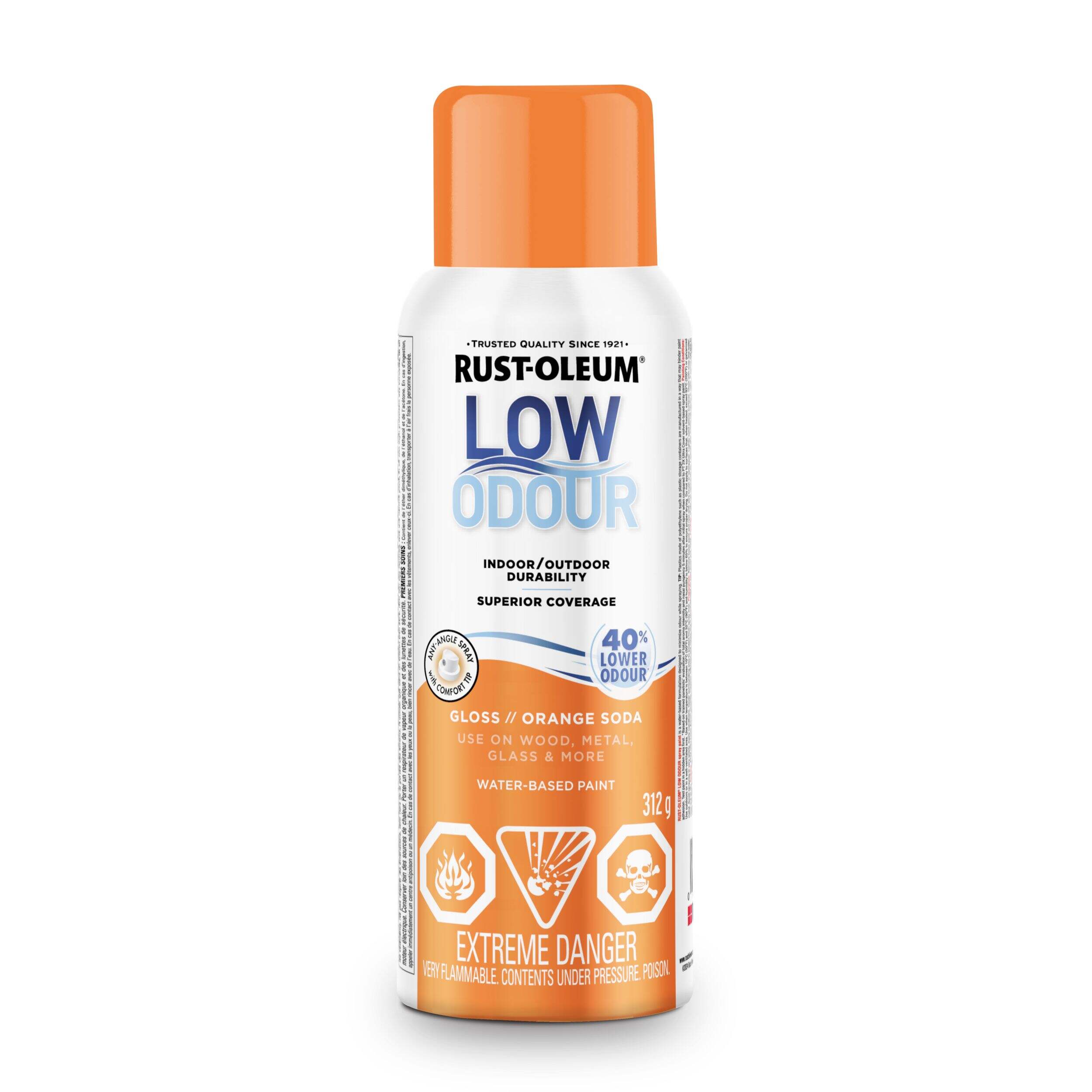 Rust-Oleum Low Odour Water-Based Paint Spray Aerosol, Gloss, Orange Soda, 312-g Front_Flat