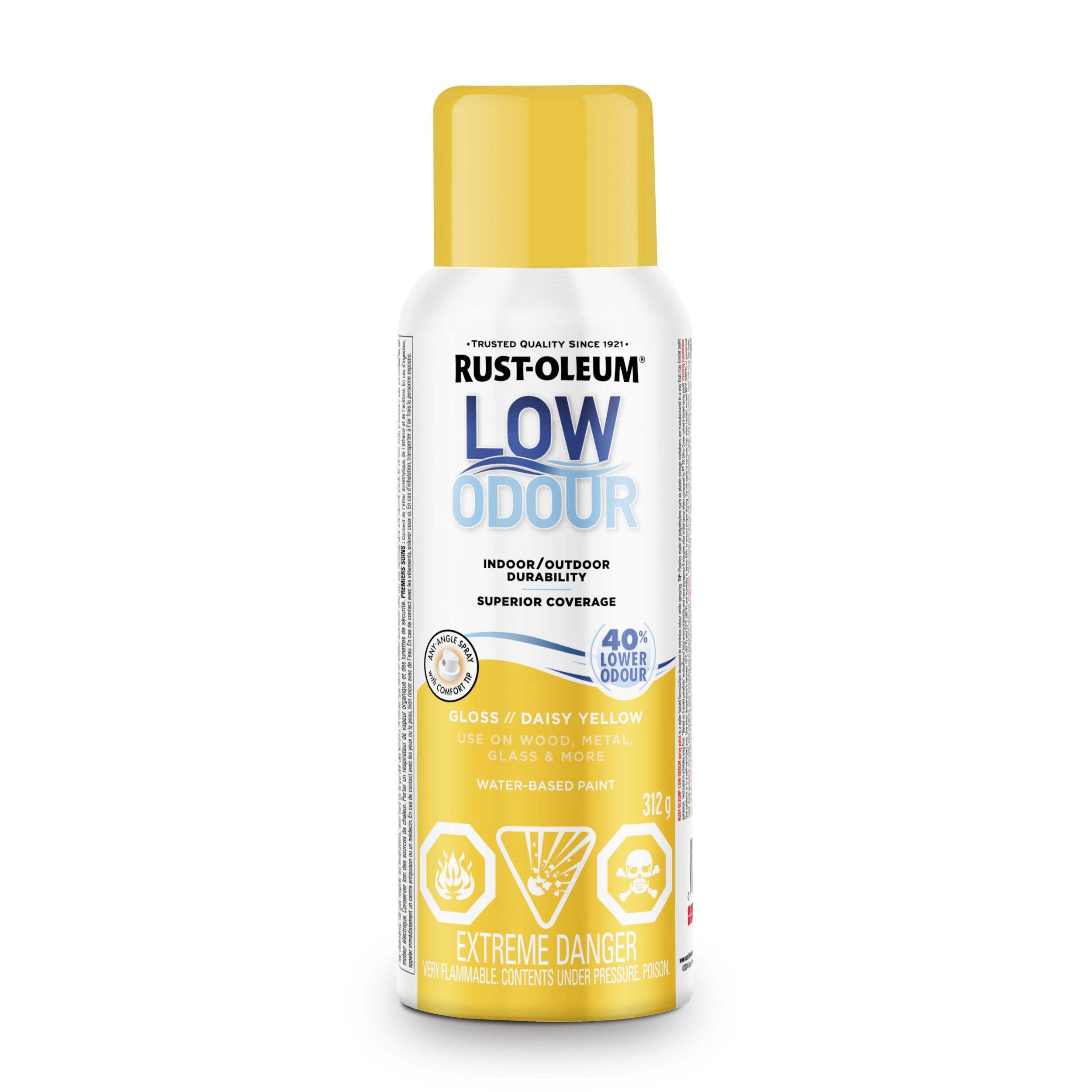 Rust-Oleum Low Odour Water-Based Paint Spray Aerosol, Gloss, Daisy Yellow, 312-g Front_Flat