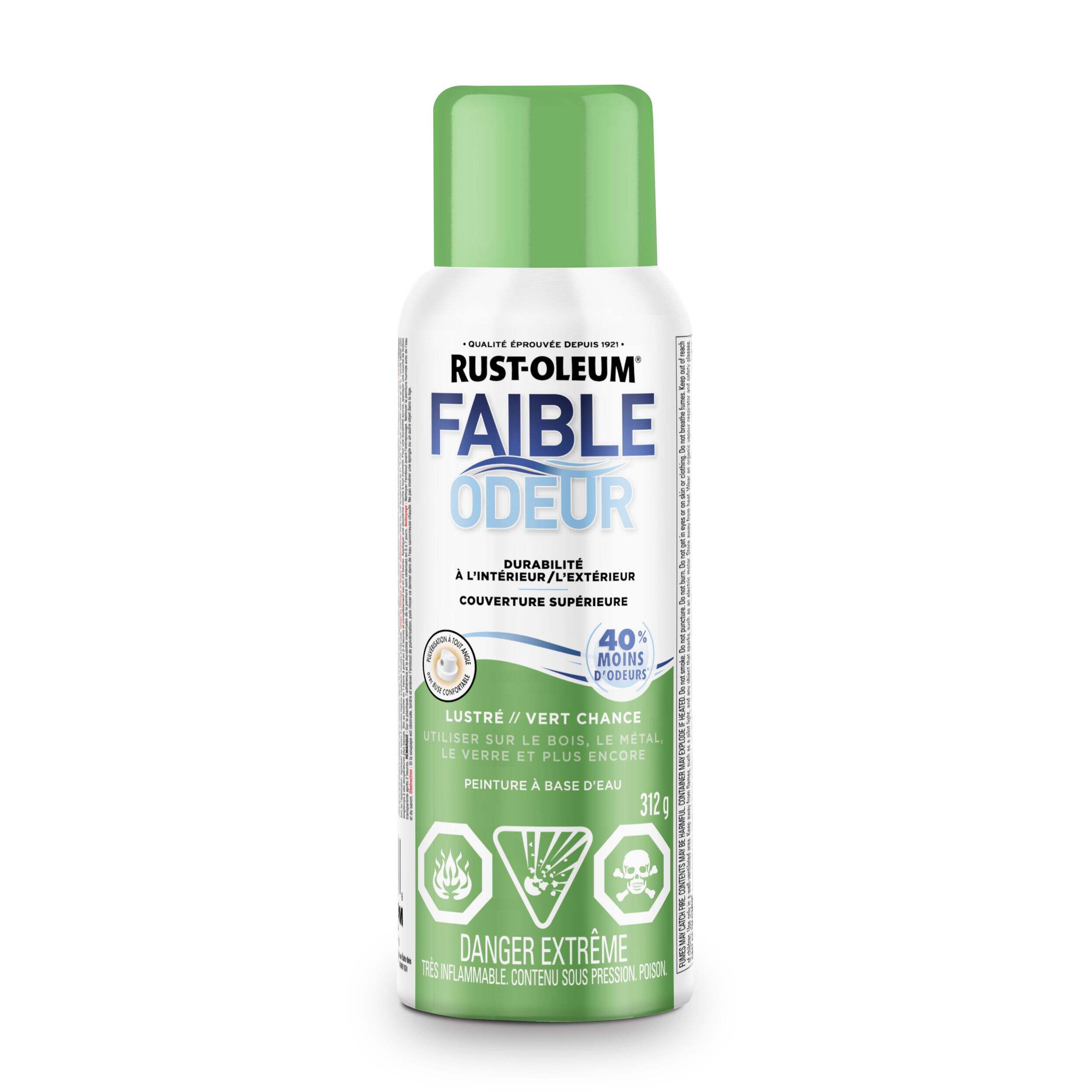 Peinture en aérosol à base d'eau à faible odeur Rust-Oleum, lustré, vert chance, 312 g Front_Flat