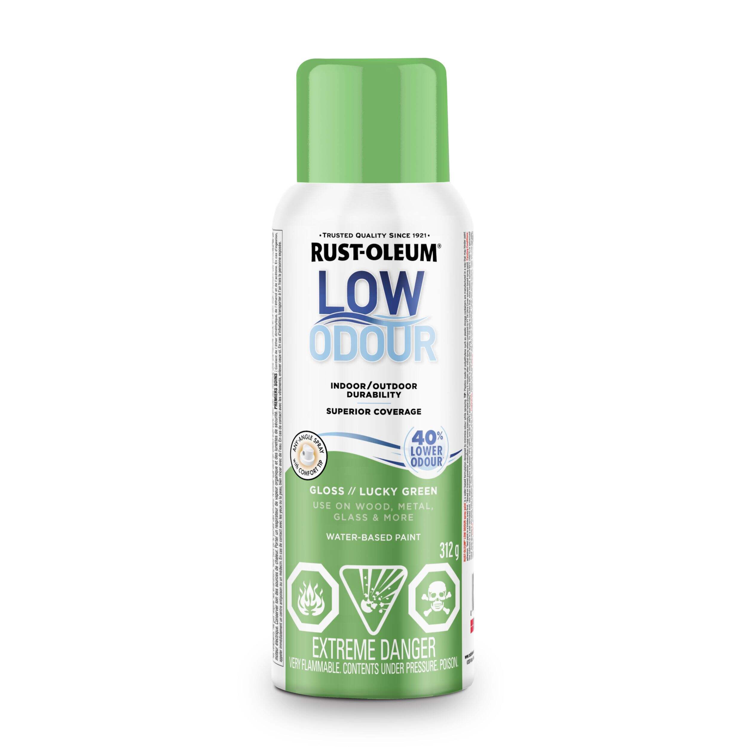 Rust-Oleum Low Odour Water-Based Paint Spray Aerosol, Gloss, Lucky Green, 312-g Front_Flat