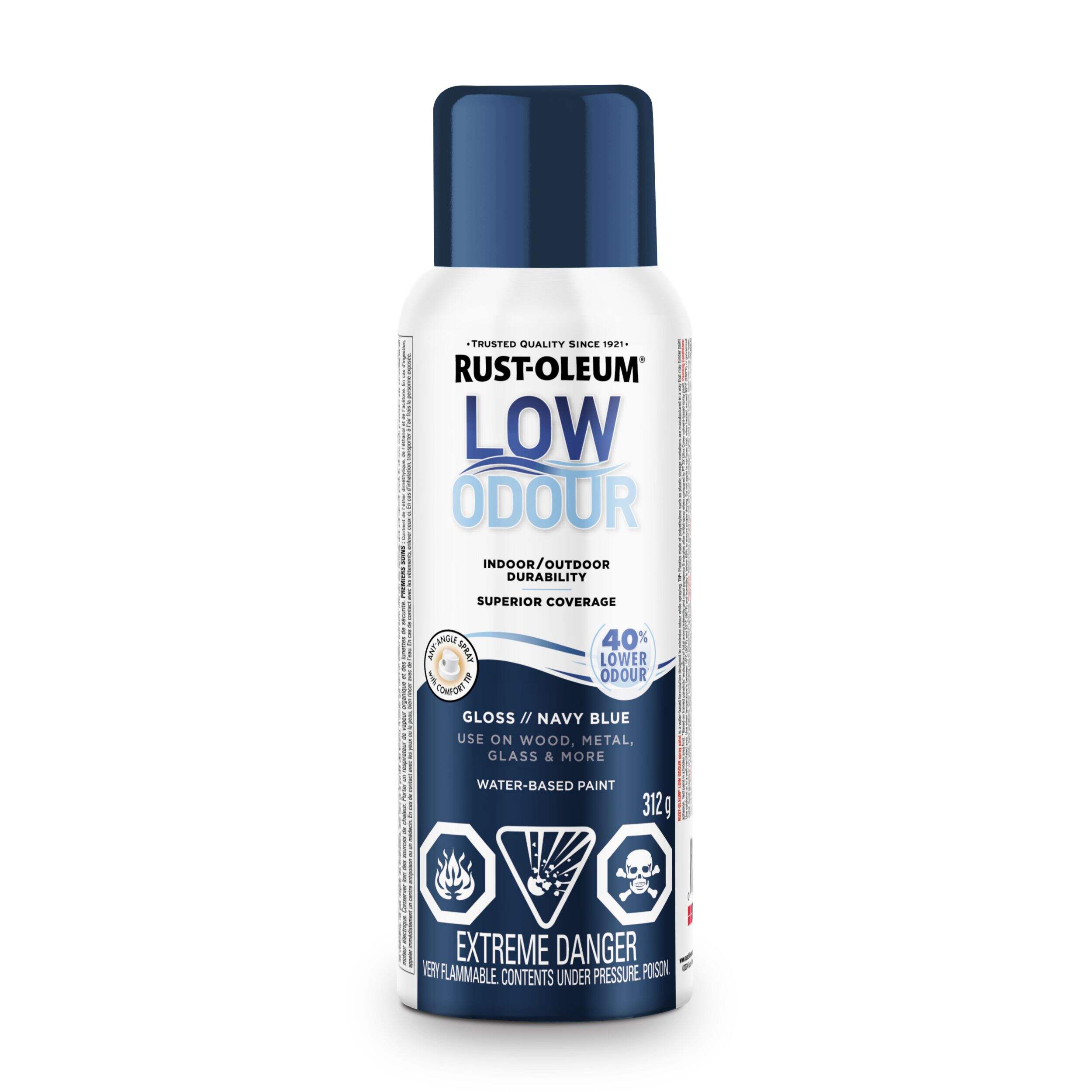 Rust-Oleum Low Odour Water-Based Paint Spray Aerosol, Gloss, Navy Blue, 312-g Front_Flat
