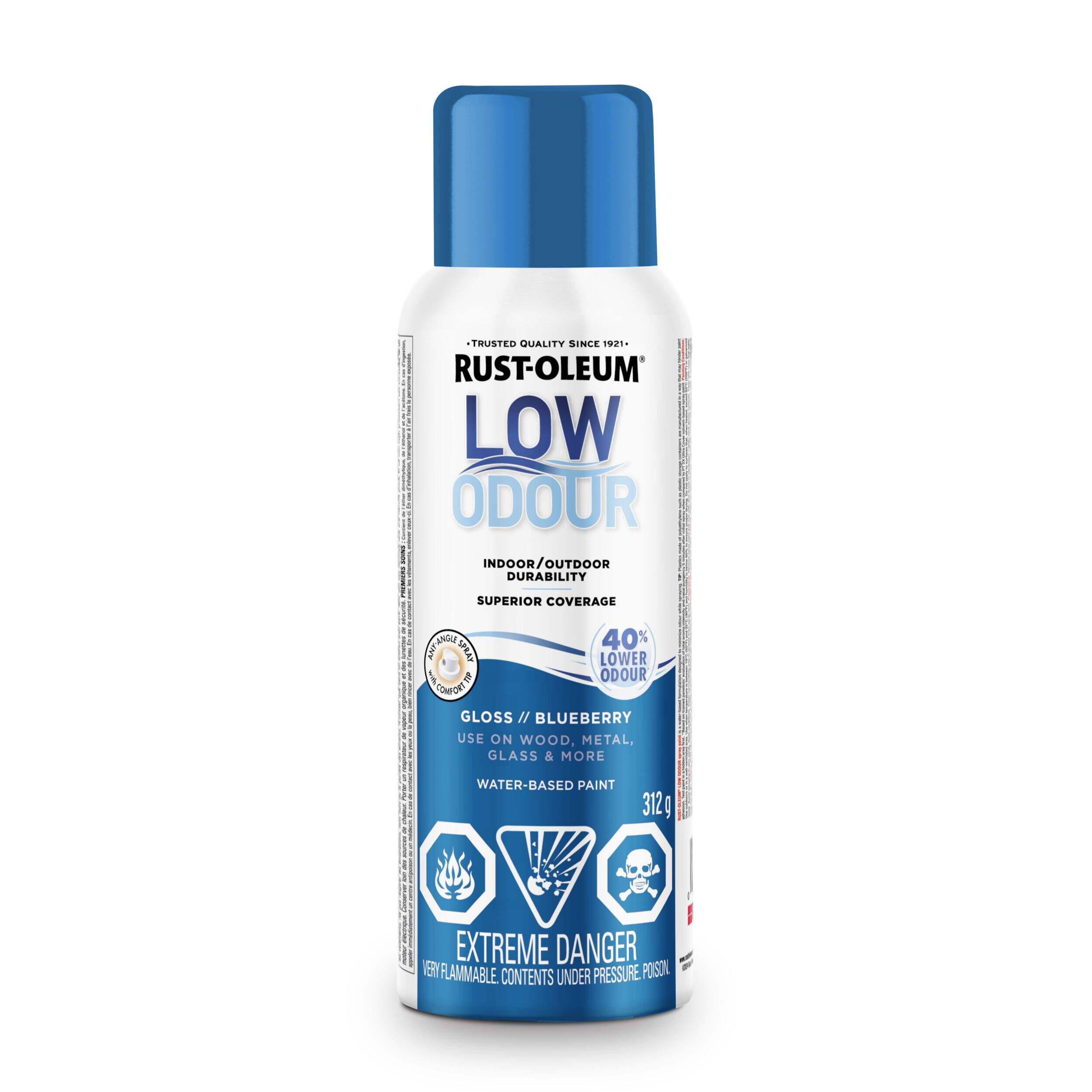 Rust-Oleum Low Odour Water-Based Paint Spray Aerosol, Gloss, Blueberry, 312-g Front_Flat