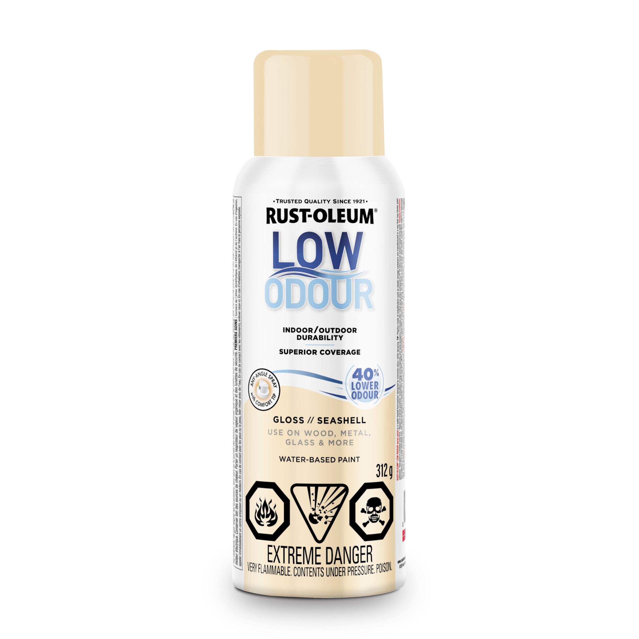 Rust-Oleum Low Odour Water-Based Paint Spray Aerosol, Gloss, Linen White, 312-g Front_Flat