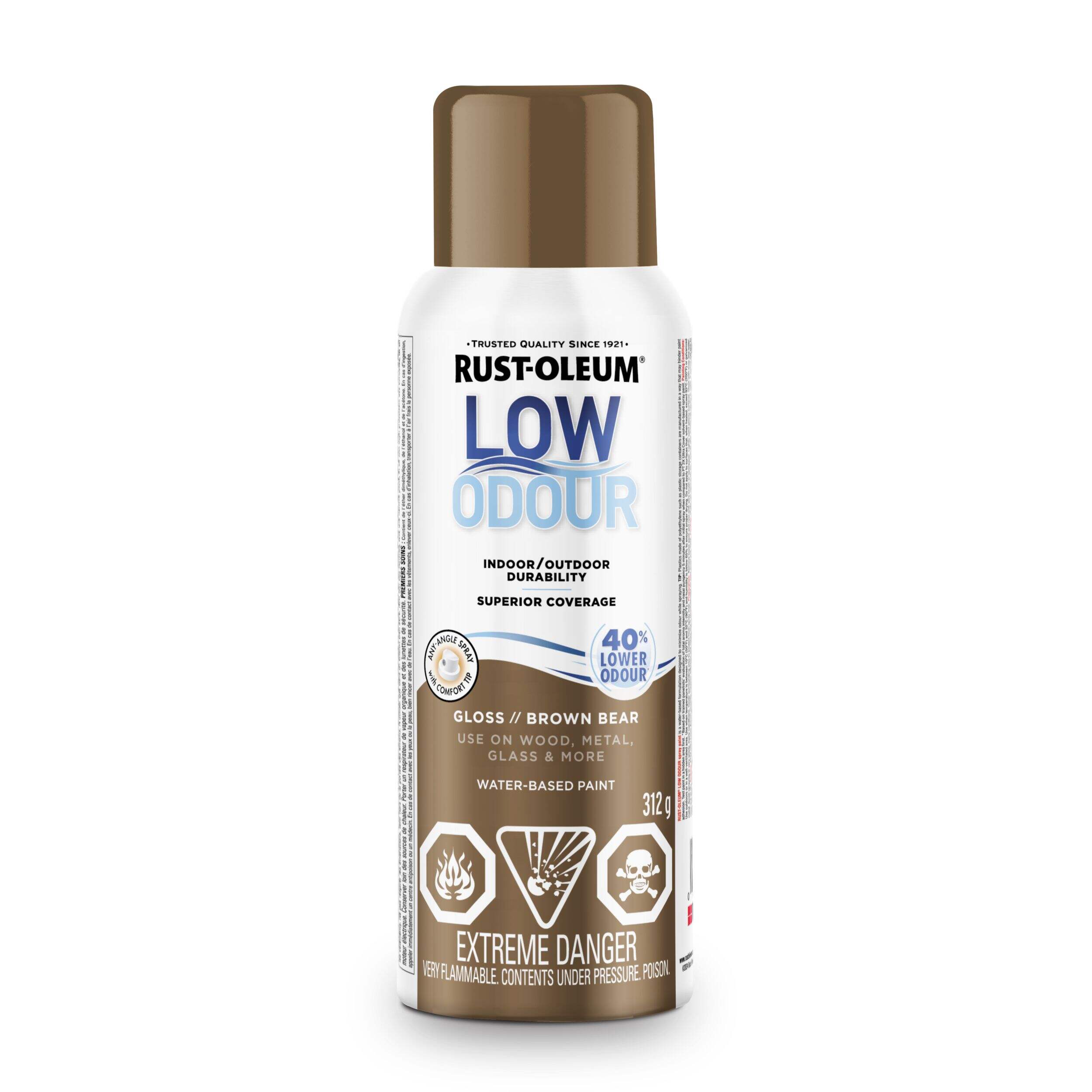 Rust-Oleum Low Odour Water-Based Paint Spray Aerosol, Gloss, Brown Bear, 312-g Front_Flat