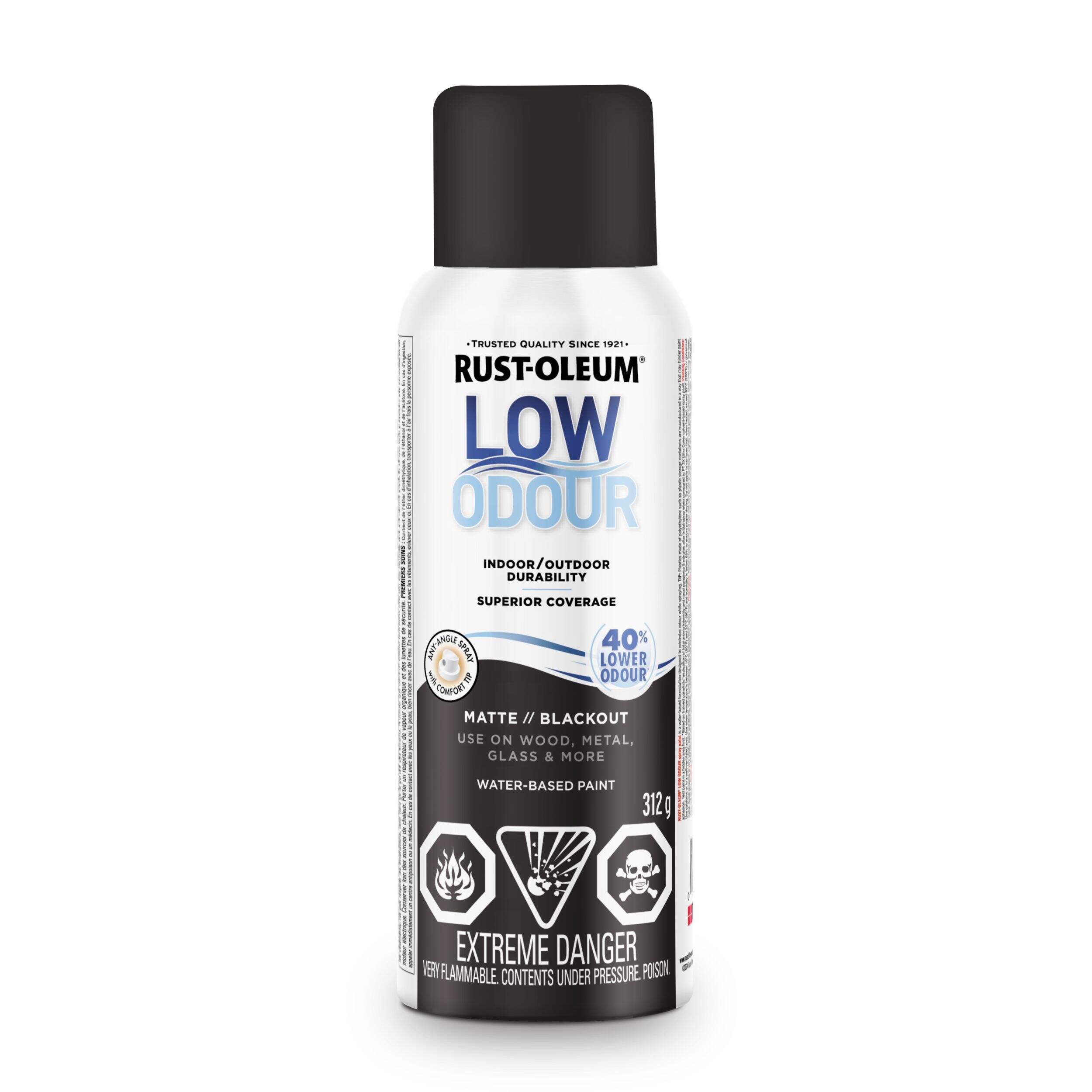 Rust-Oleum Low Odour Water-Based Paint Spray Aerosol, Matte, Blackout, 312-g Front_Flat