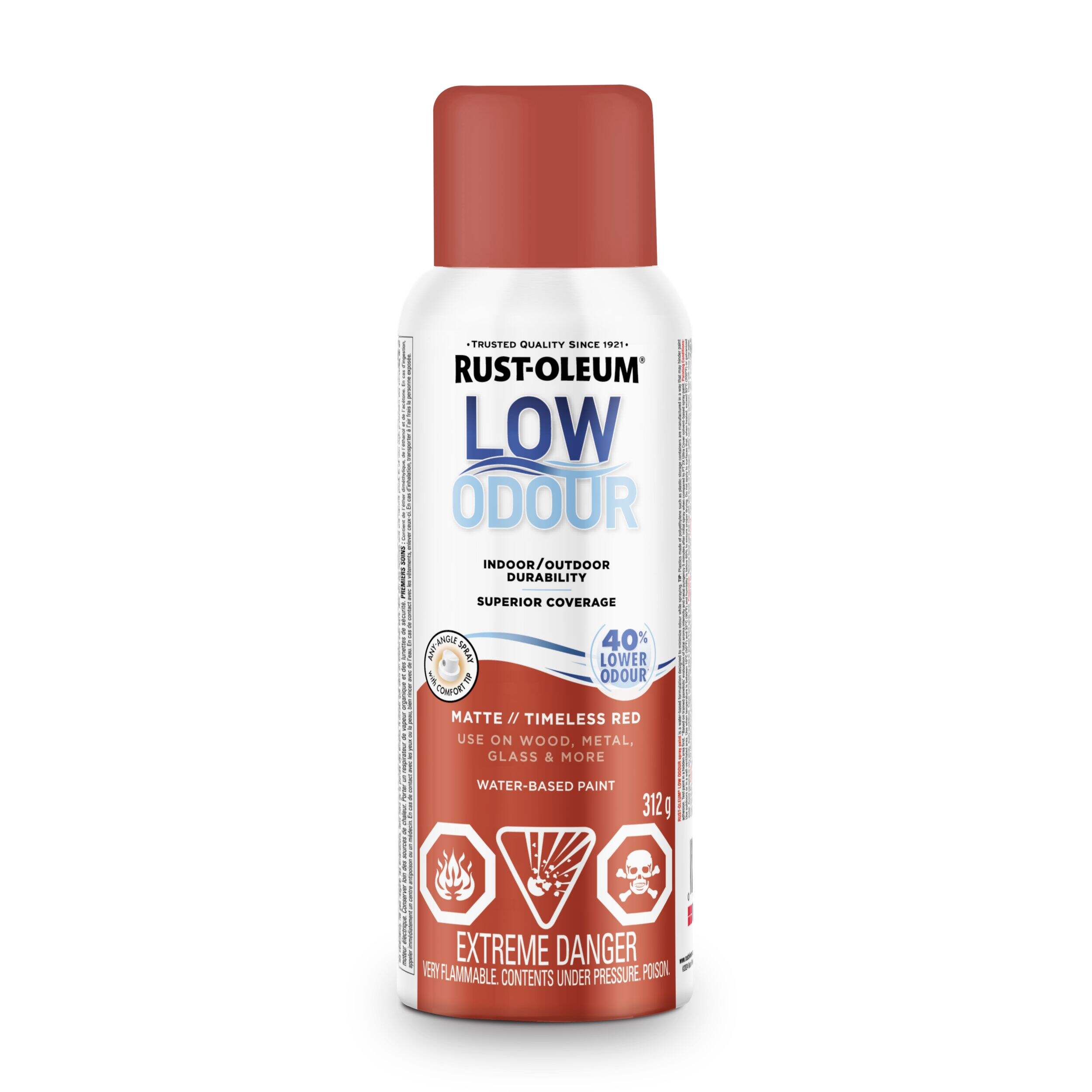 Rust-Oleum Low Odour Water-Based Paint Spray Aerosol, Matte, Red, 312-g Front_Flat