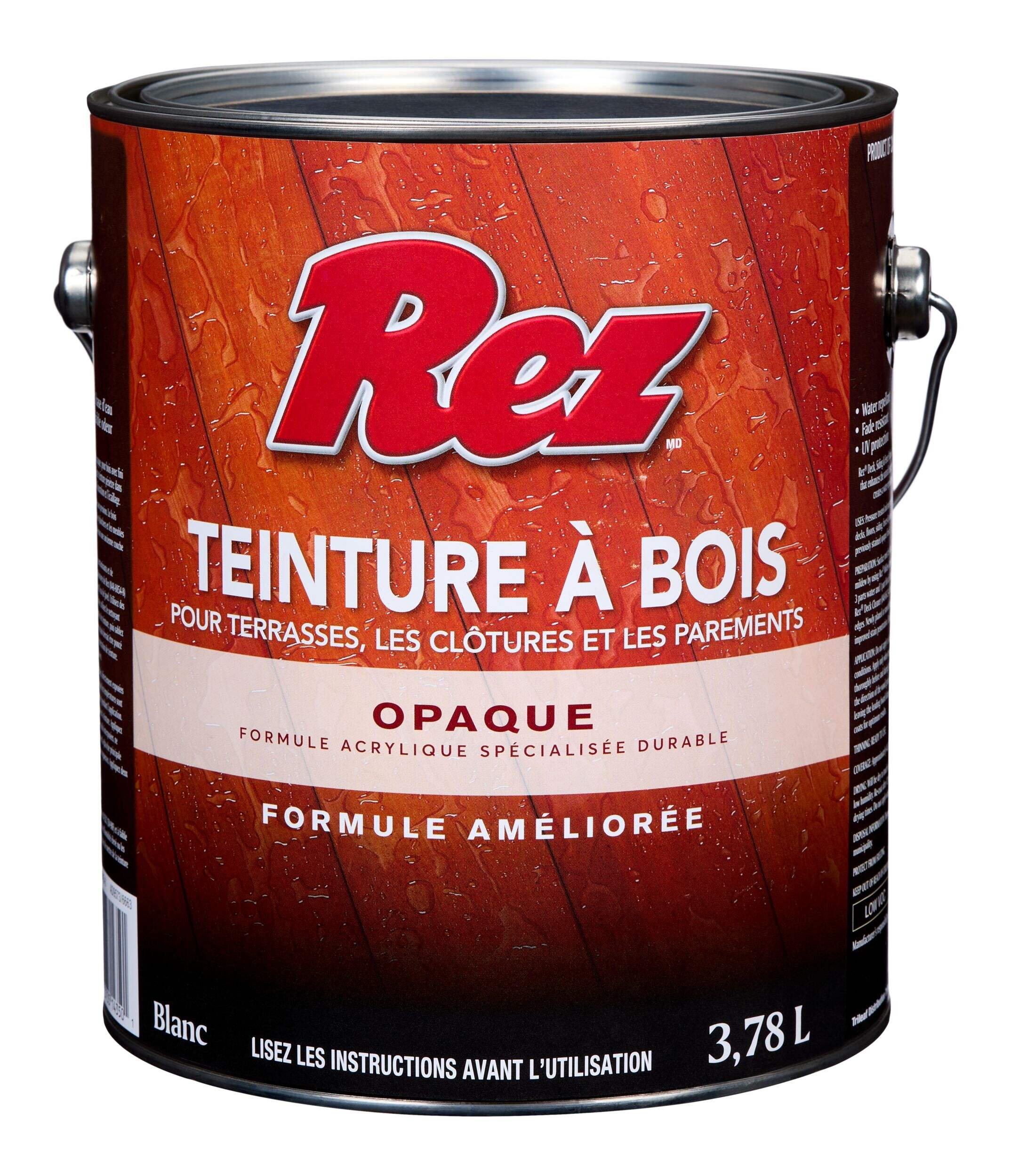 Teinture de bois durable à base d'huile et d'eau pour terrasses, parements et clôtures REZ, blanc opaque/semi-transparent, 3,78 L Front_Elevated