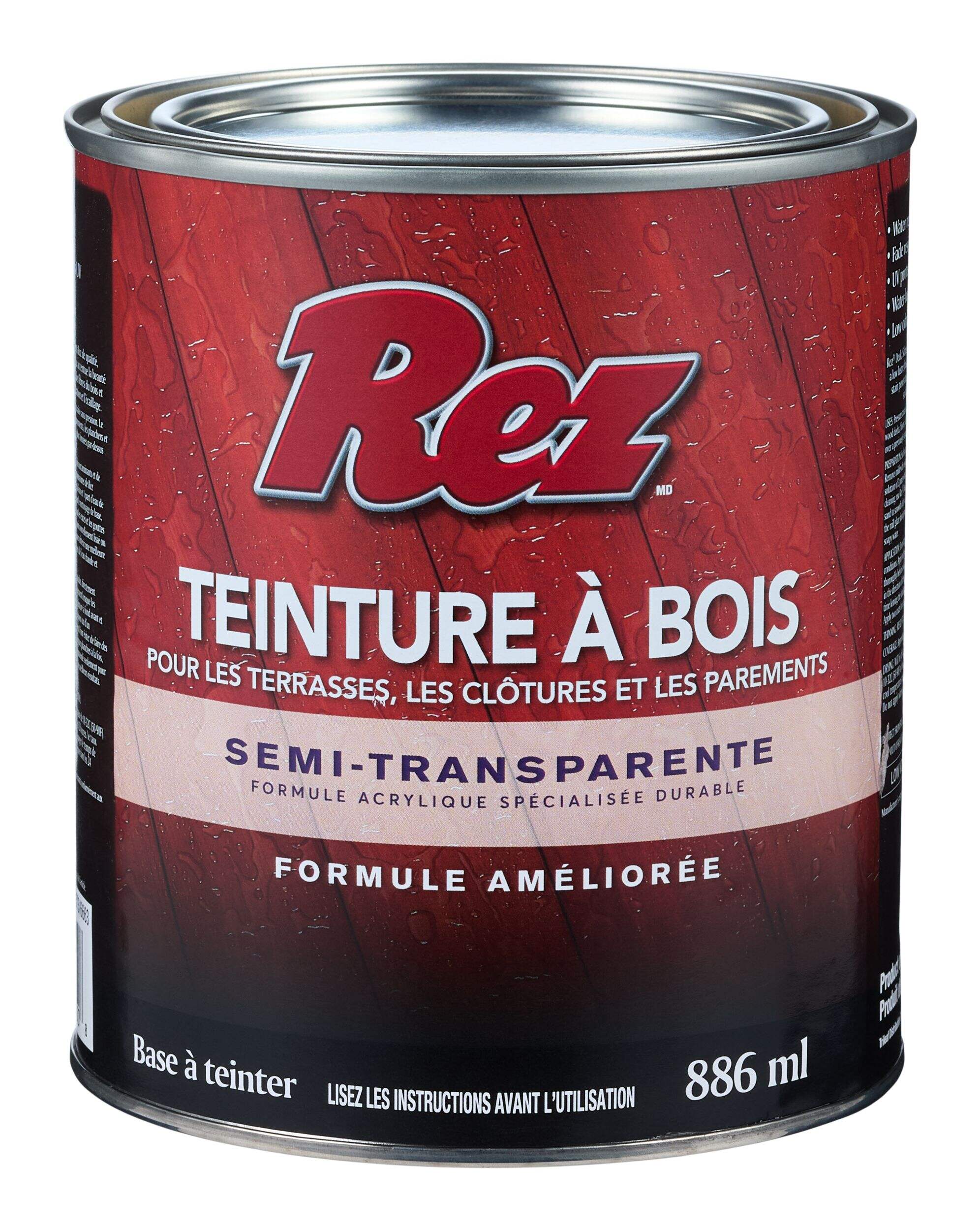 Teinture de bois durable à base d'huile et d'eau pour terrasses, parements et clôtures REZ, semi-transparent, base à teinter, 886 mL/0,95 pte Front_Flat
