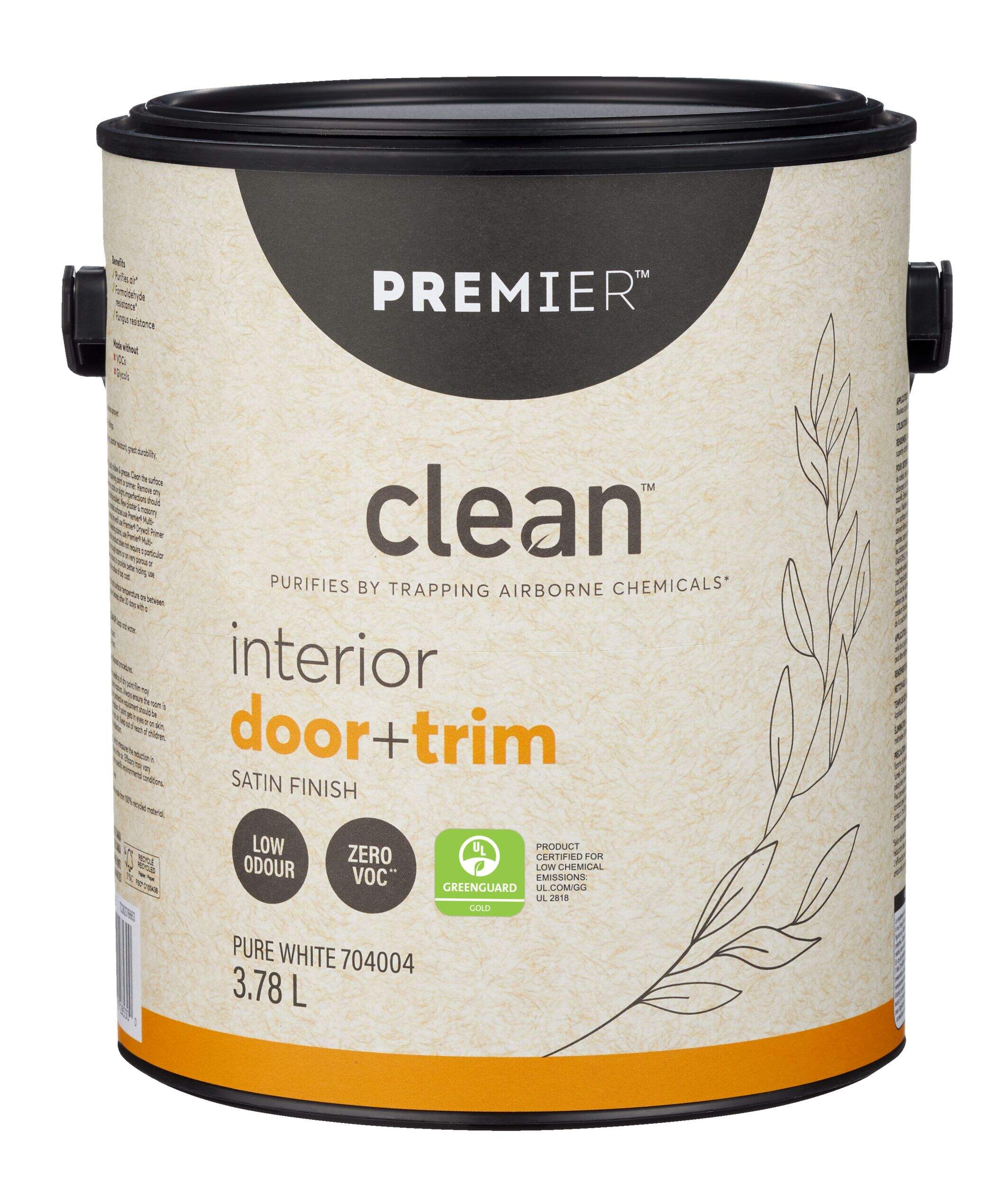 Premier Clean™ Interior Doors + Trim Paint, Satin, White, 1-Gal Front_Elevated