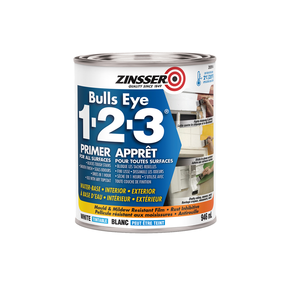 Zinsser Bulls Eye 1-2-3 Water-Based Primer Sealer For All Surfaces,  White, 946-mL/1-qt Canadian Tire