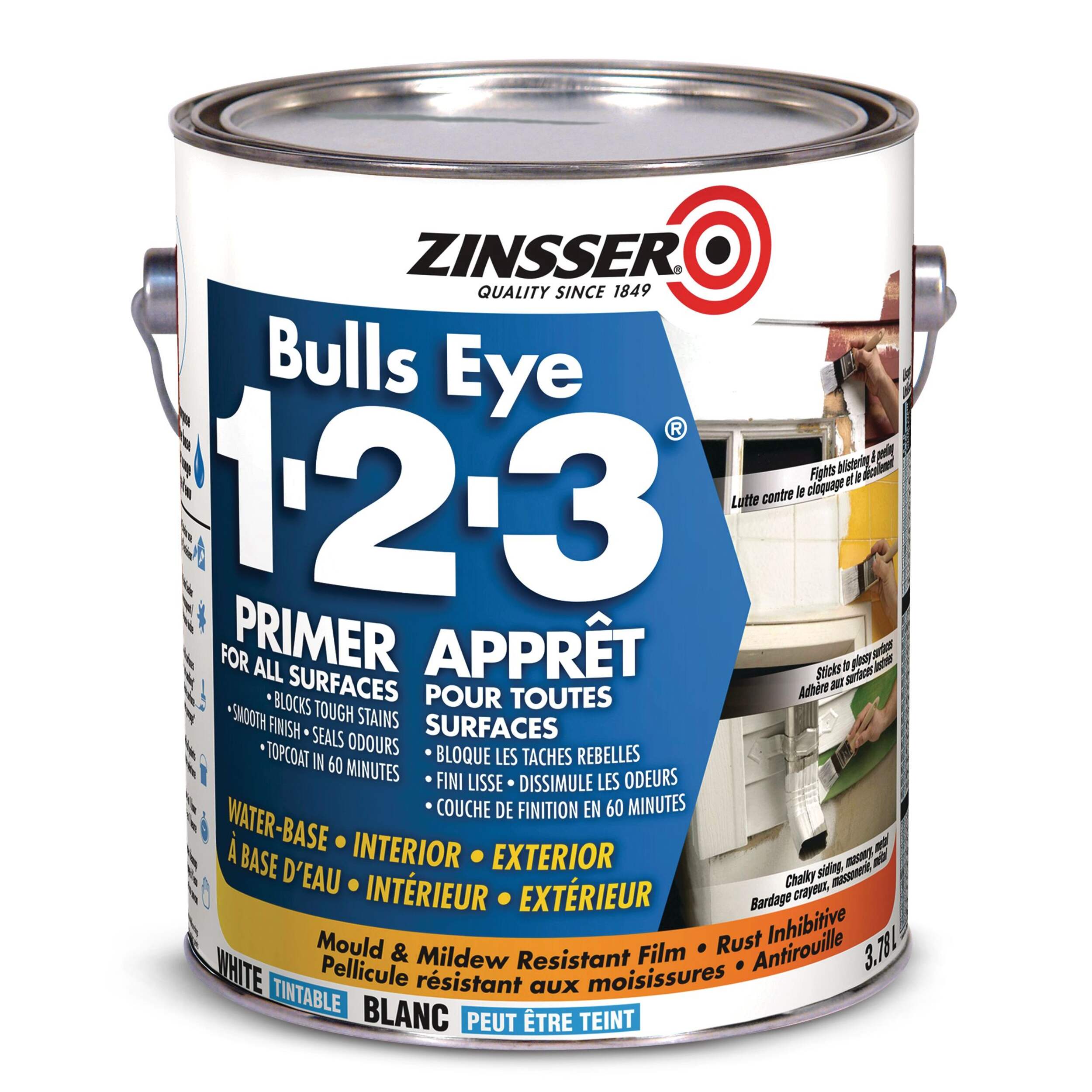 Zinsser Bulls Eye 1-2-3 Water-Based Primer - Sealer For All Surfaces, White, 3.78-L/1-Gallon Front_Elevated