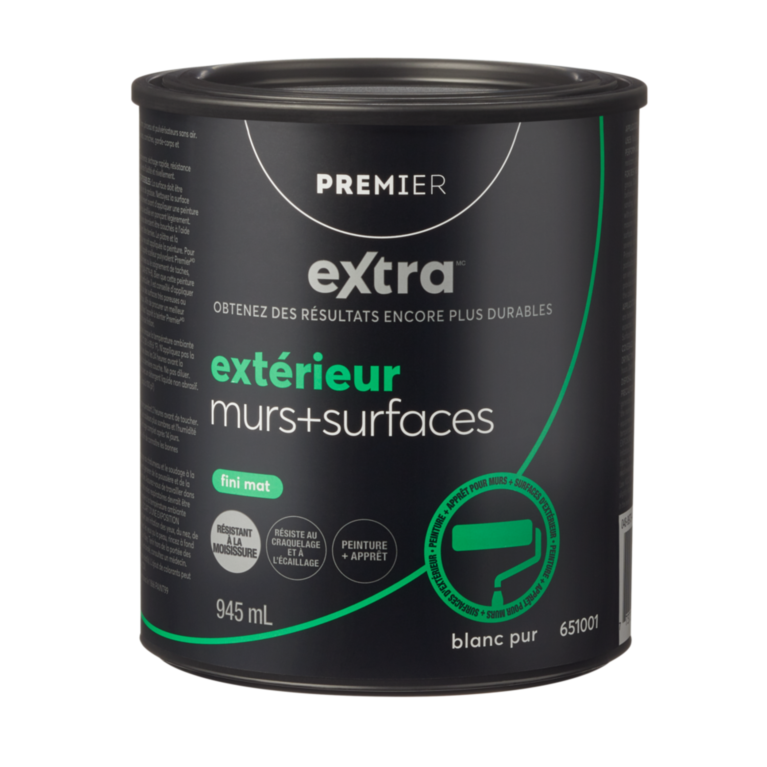 Peinture et apprêt d'extérieur pour murs et surfaces Premier Extra, fini mat, blanc pur, 945 mL Front_Elevated