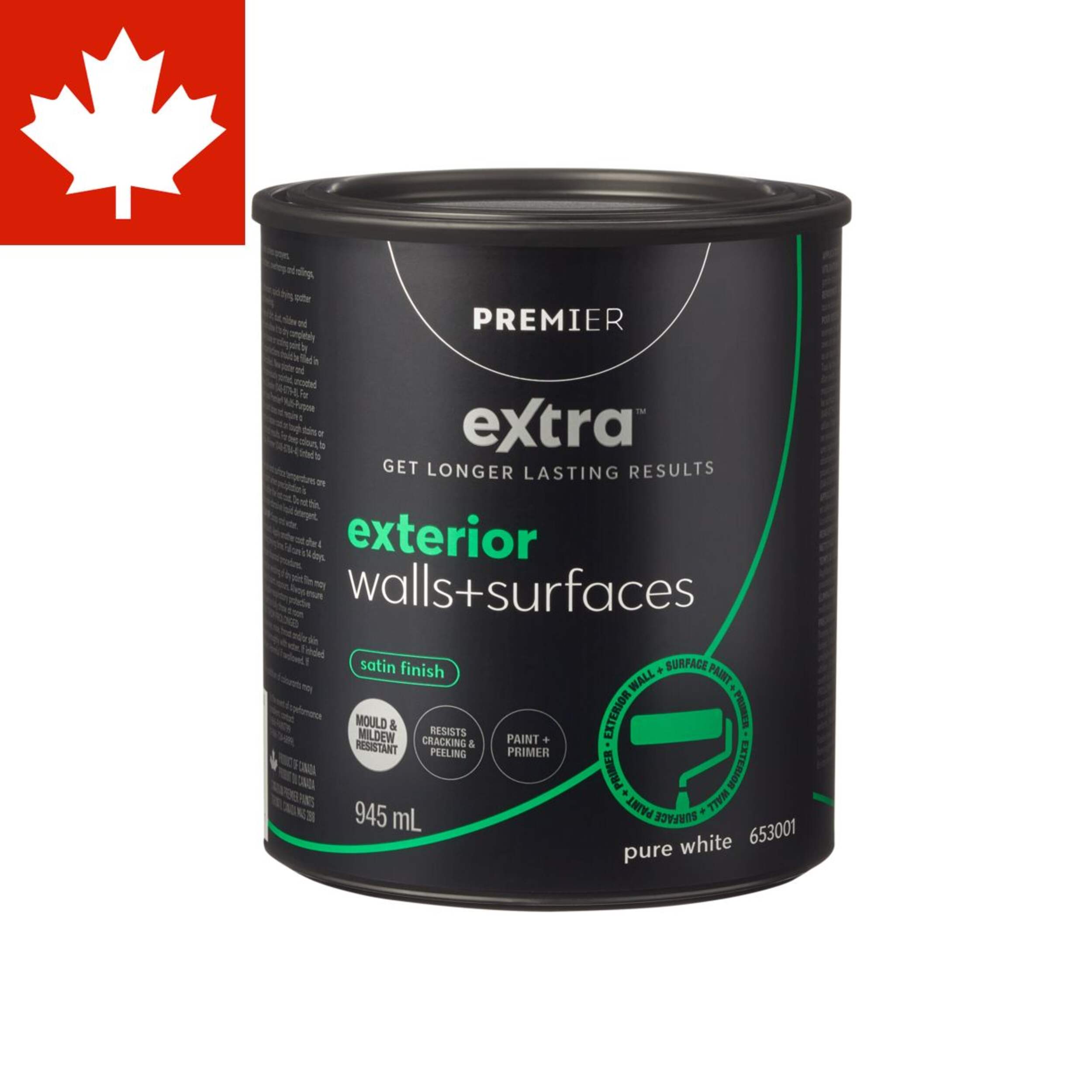 Premier Extra Exterior Walls & Surfaces Paint & Primer, Satin Finish, Pure White, 945-mL Front_Elevated