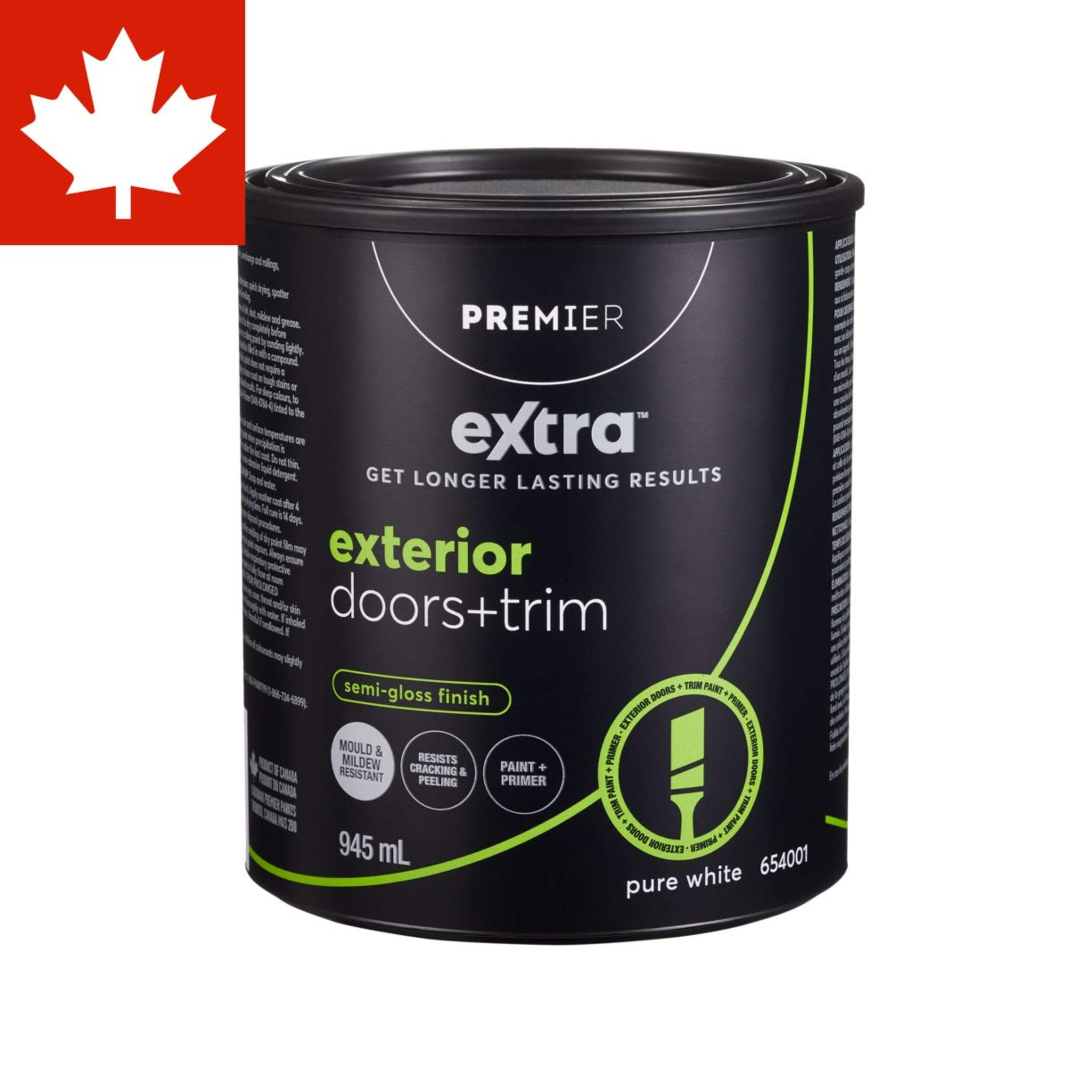Premier Extra Exterior Doors & Trim Paint & Primer, Semi-Gloss Finish, Pure White, 945-mL Front_Elevated