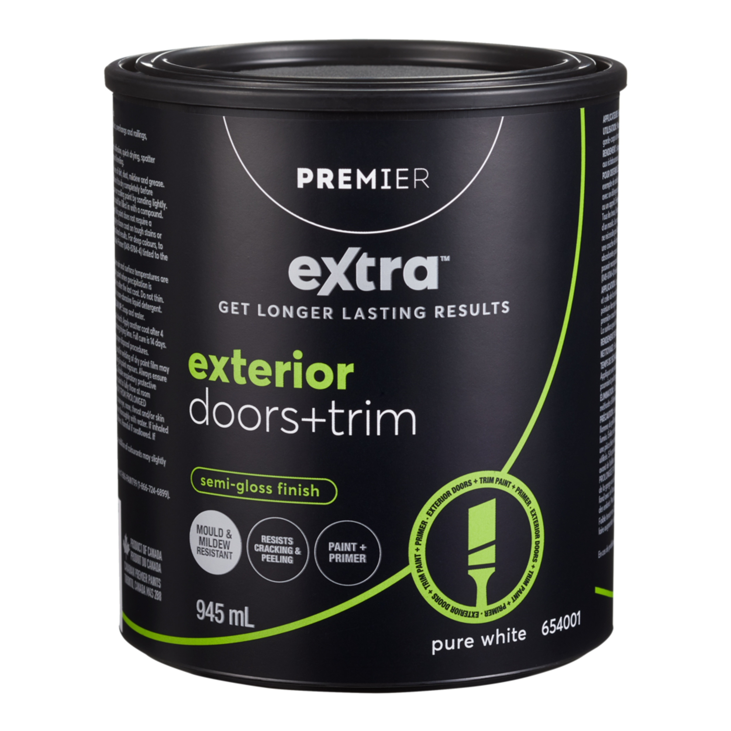 Premier Extra Exterior Doors & Trim Paint & Primer, Semi-Gloss Finish, Pure White, 945-mL Front_Elevated