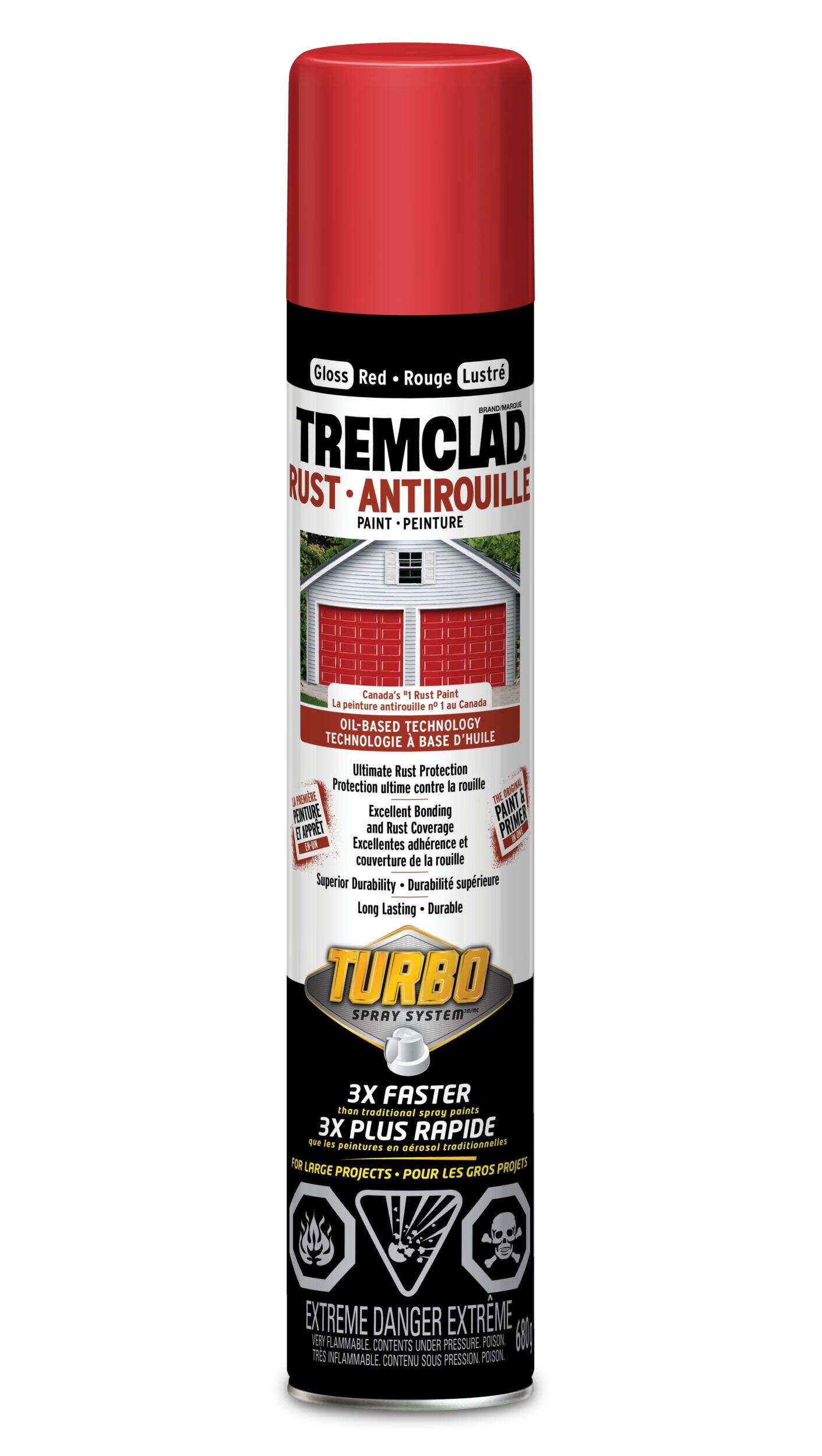 Tremclad Oil-Based Rust Paint Aerosol with Turbo Spray, Red, 680-g Front_Flat