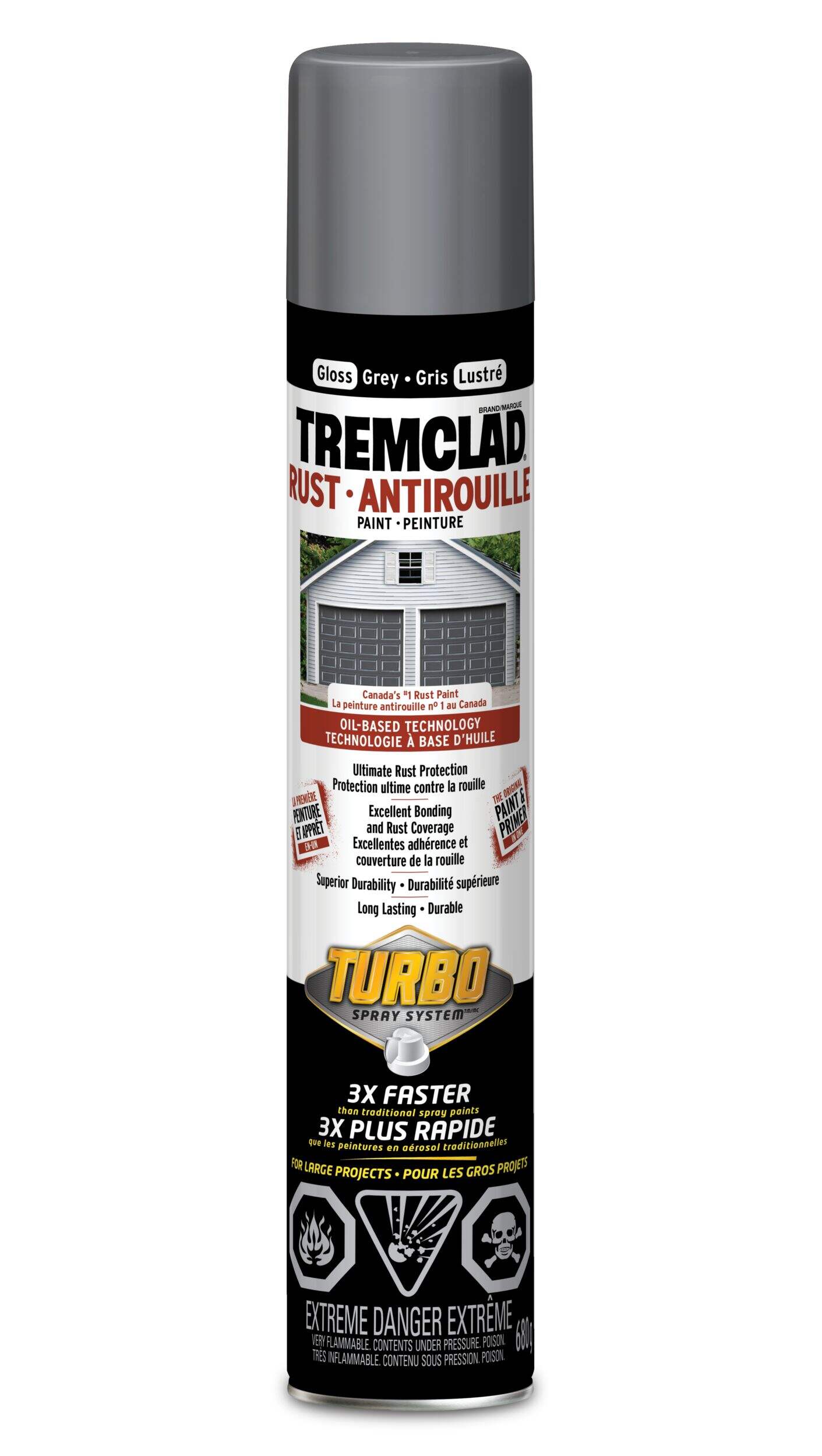 Tremclad Oil-Based Rust Paint Aerosol with Turbo Spray, Grey, 680-g Front_Flat
