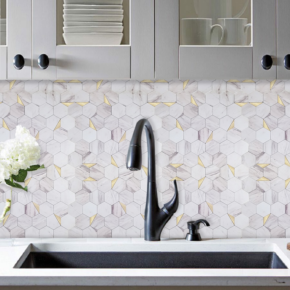 Murella Peel & Stick DIY Backsplash Hexagon Wall Tile, Marble/Gold