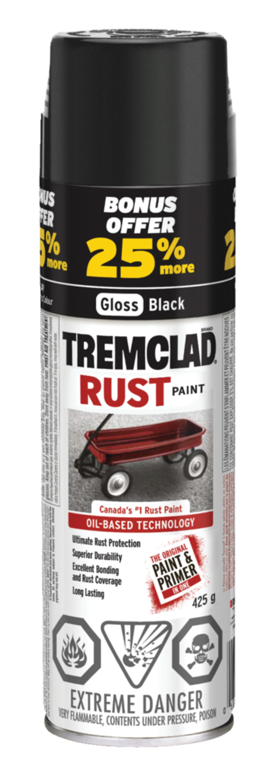 Peinture antirouille en aérosol à base d'huile Tremclad, 25 % en prime, noir lustré, 425 g Front_Elevated