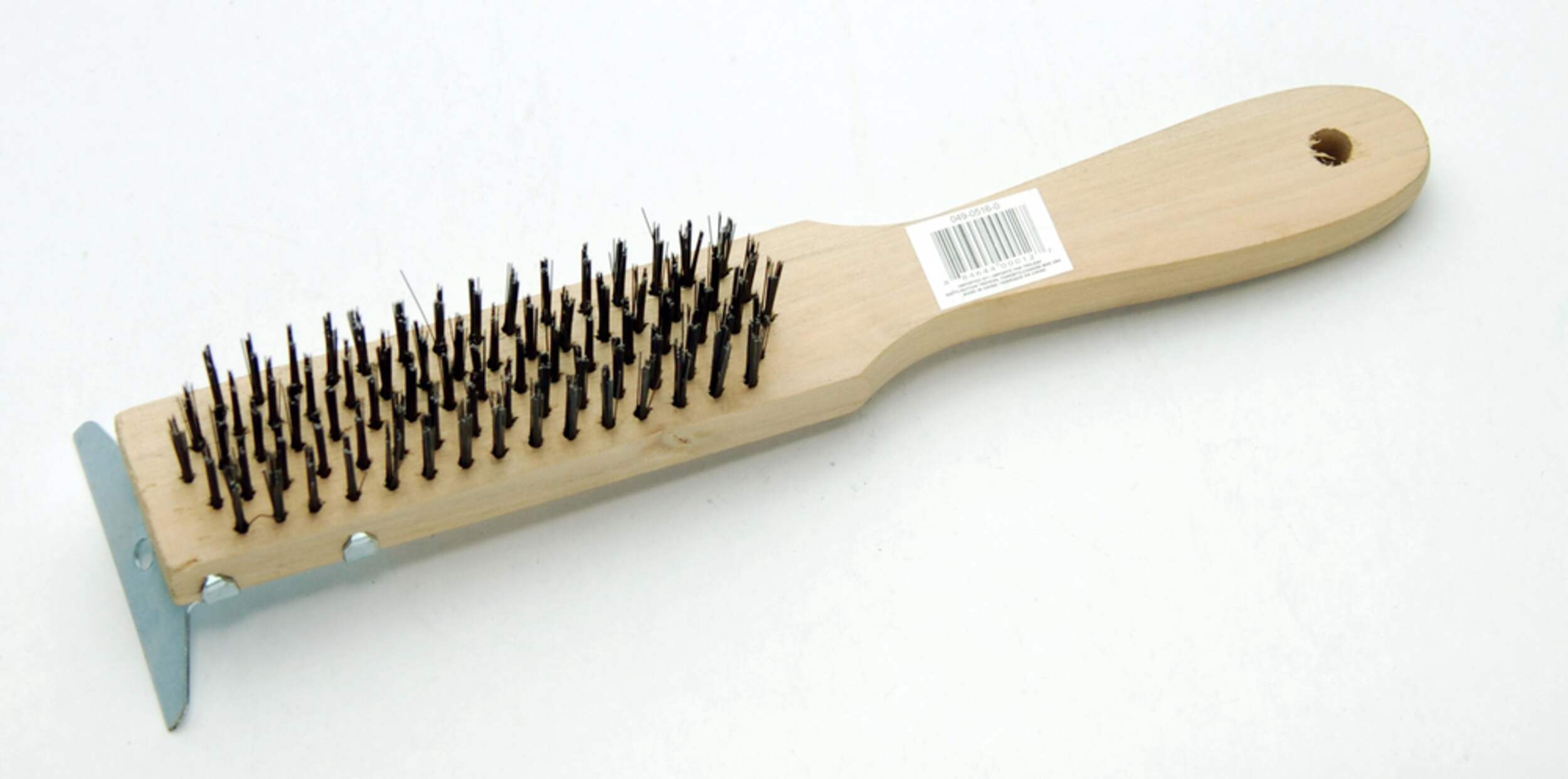 Wooden 5-Row Carbon Steel Wire Brush with Metal Scraper, Cleans/Removes Paint, Rust & Dirt Front_Angled_Left