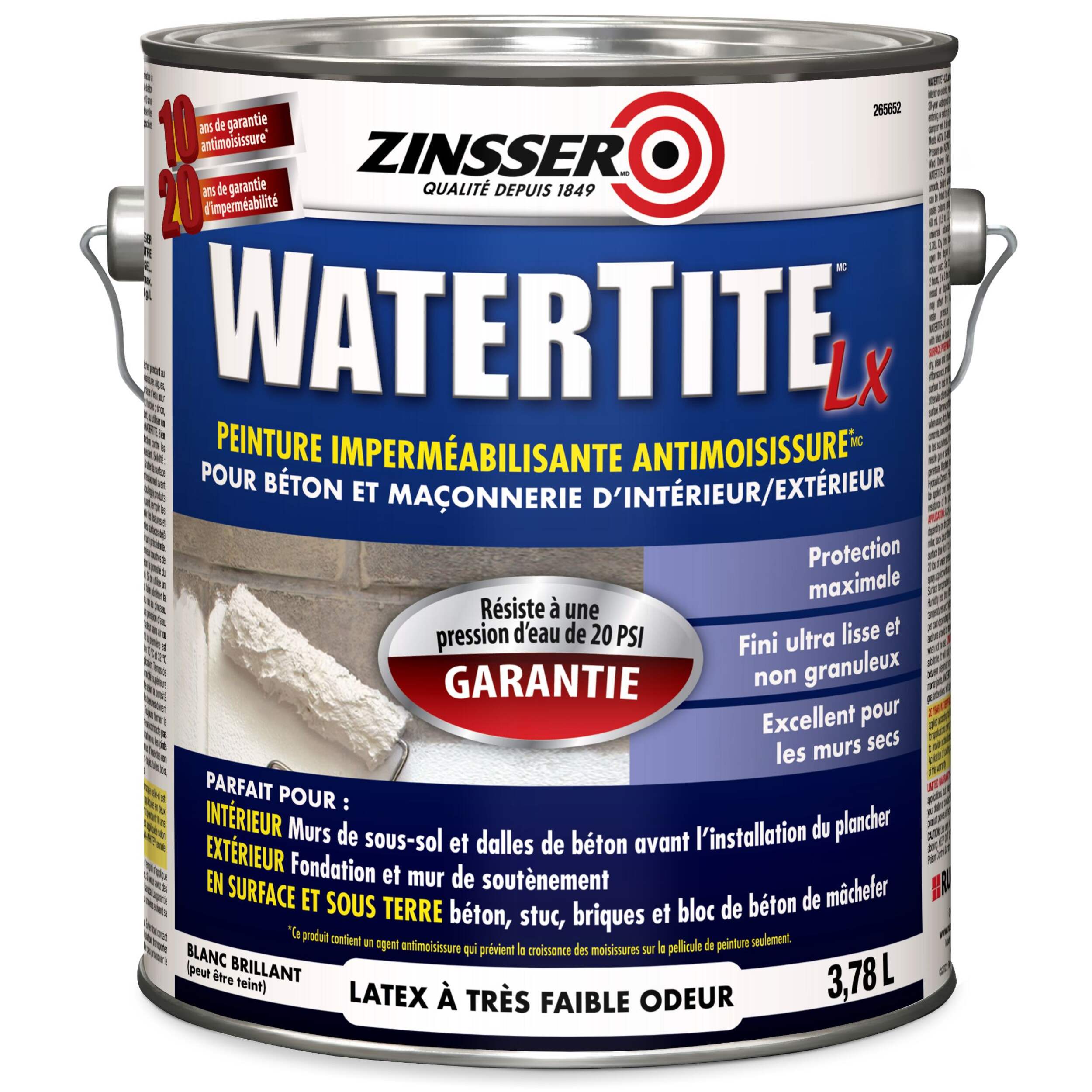 Peinture hydrofuge Zinsser WaterTite Lx pour béton et maçonnerie, blanc vif, 3,78 L Front_Elevated