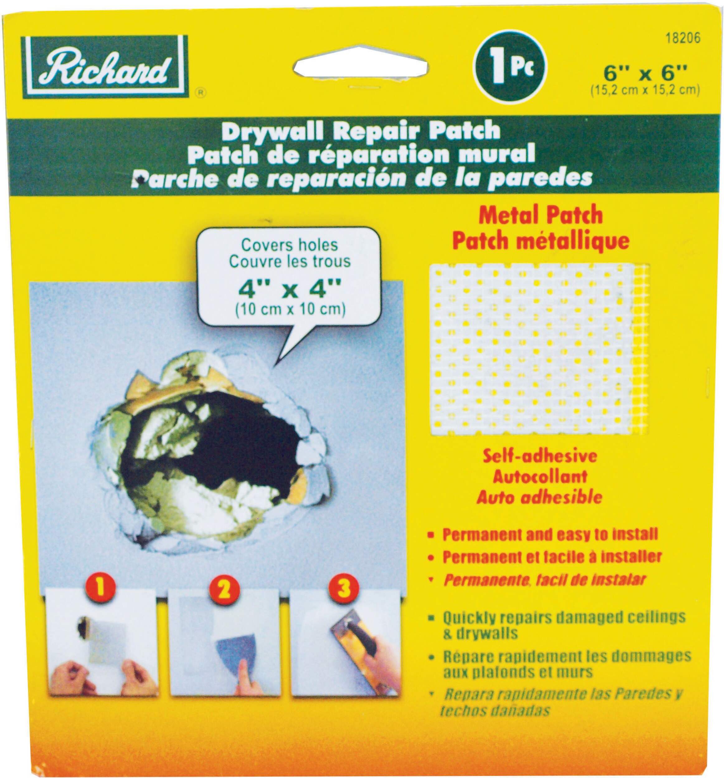 Richard Self-Adhesive Metal-Reinforced Drywall & Ceiling Hole Repair Patch, 6 x 6-in Front_Flat